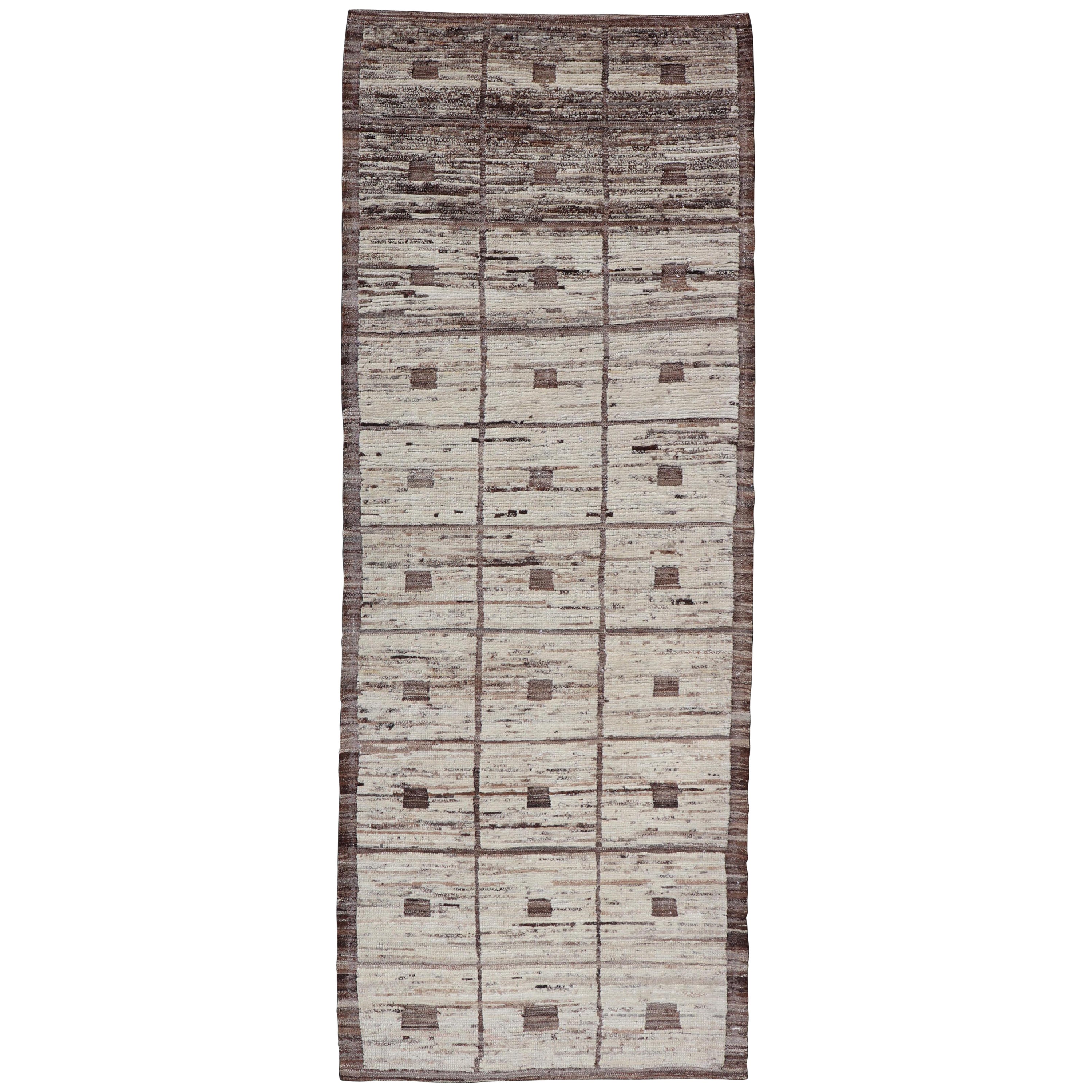 Modern Hand-Knotted Runner in Wool with Box Design in Brown and Neutral Tones For Sale