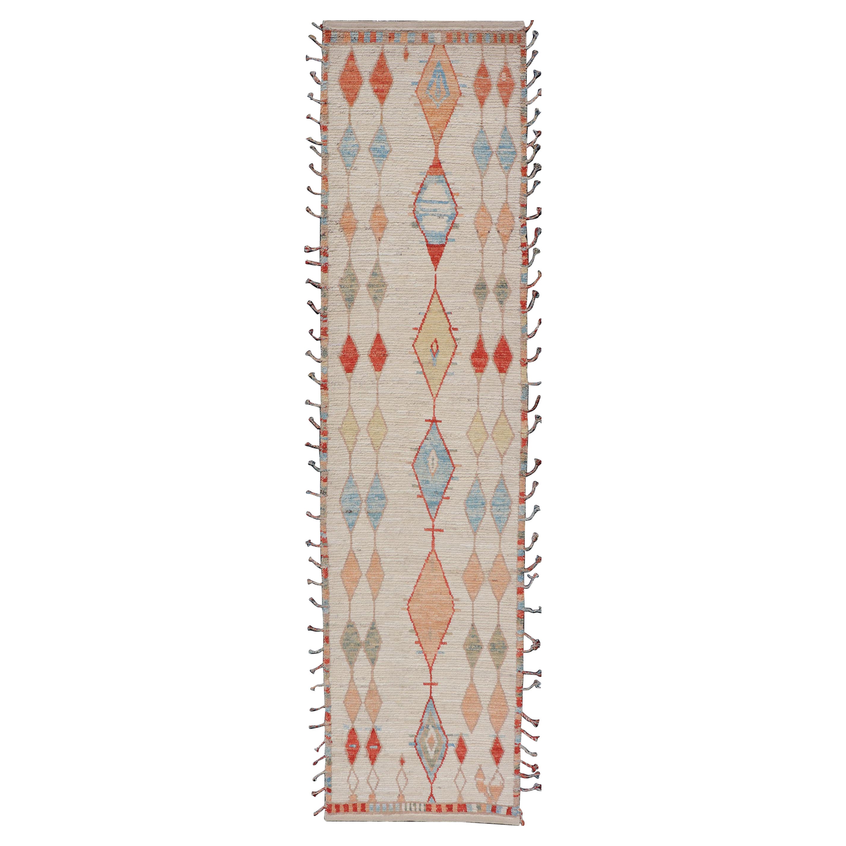 Hand-Knotted Tribal Moroccan Runner in Wool with Sub-Geometric Diamond Design For Sale