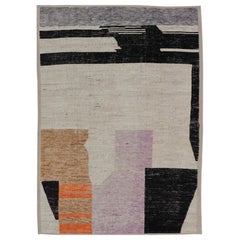 Modern Hand-Knotted Rug in Wool with Sub-Geometric Abstract Design in Multicolor