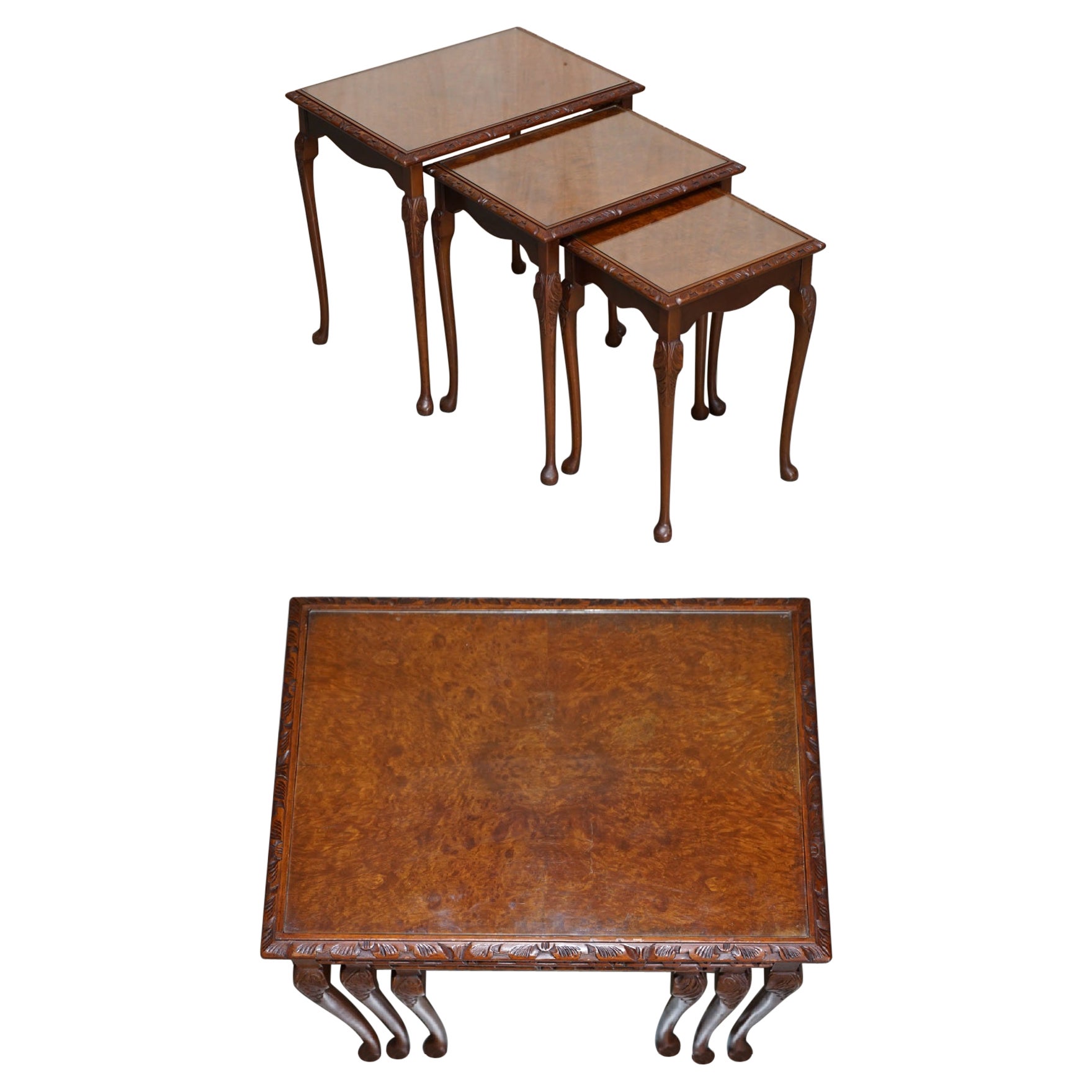 Lovely Vintage Burr Walnut Regency Style Nest of Three Side End Lamp Tables For Sale