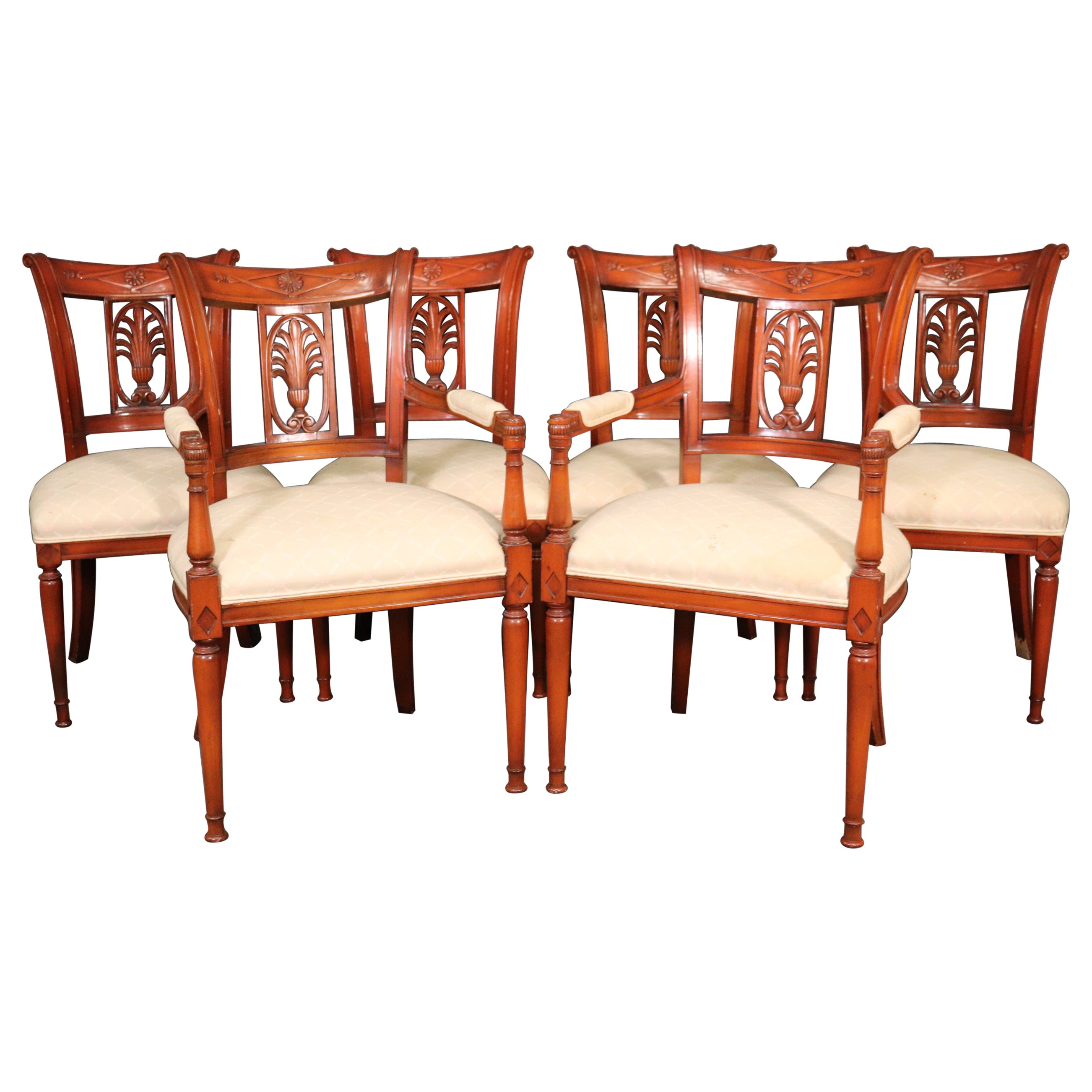 Set of 6 French Carved Walnut Regency Dining Chairs Circa 1950 For Sale