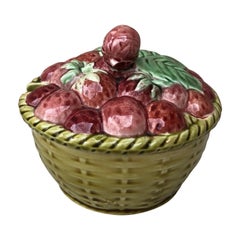 French Majolica Strawberries Basket Sarreguemines circa 1920