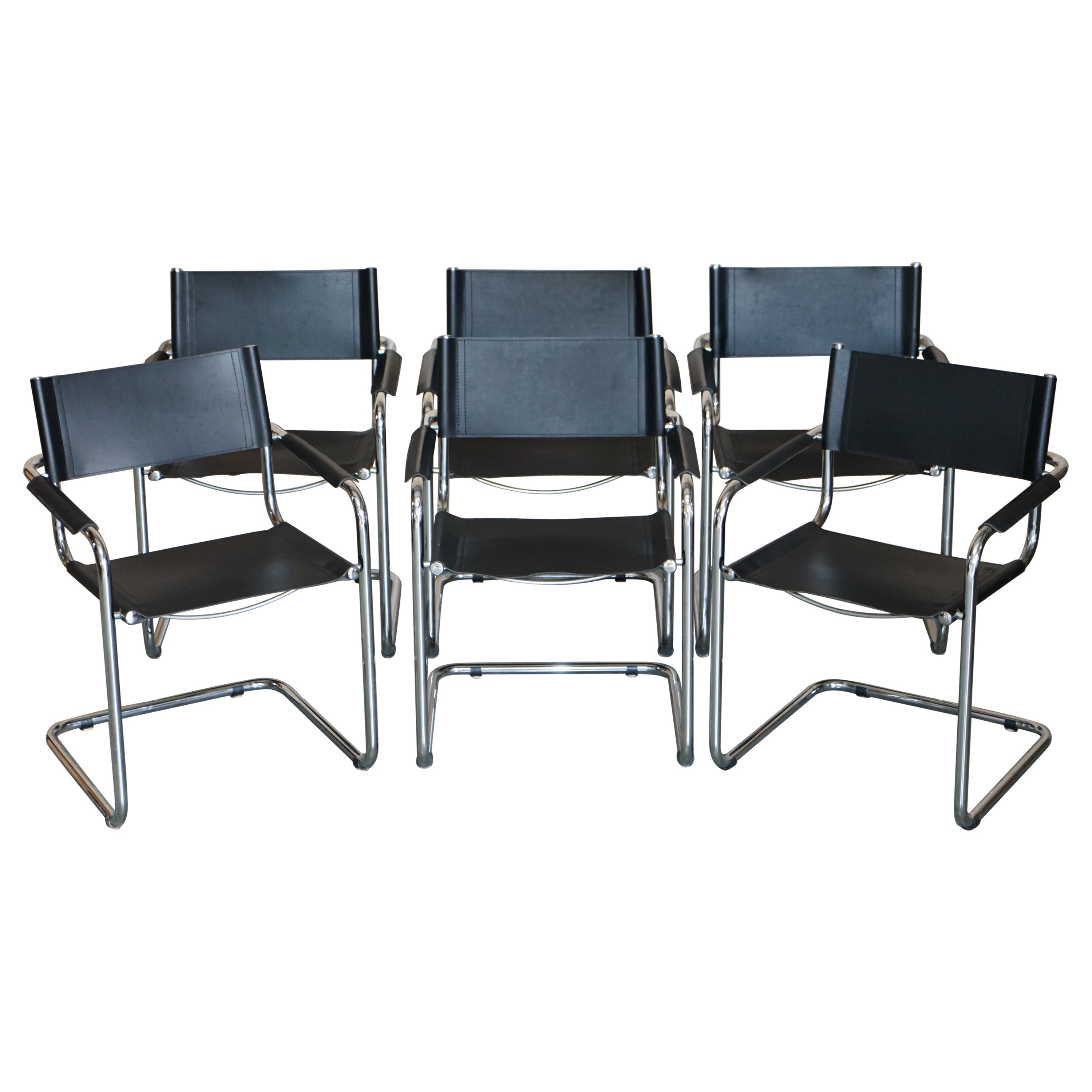 Six S33 Mart Stam 1-06G Marcel Breuer Style Black Leather Armchairs