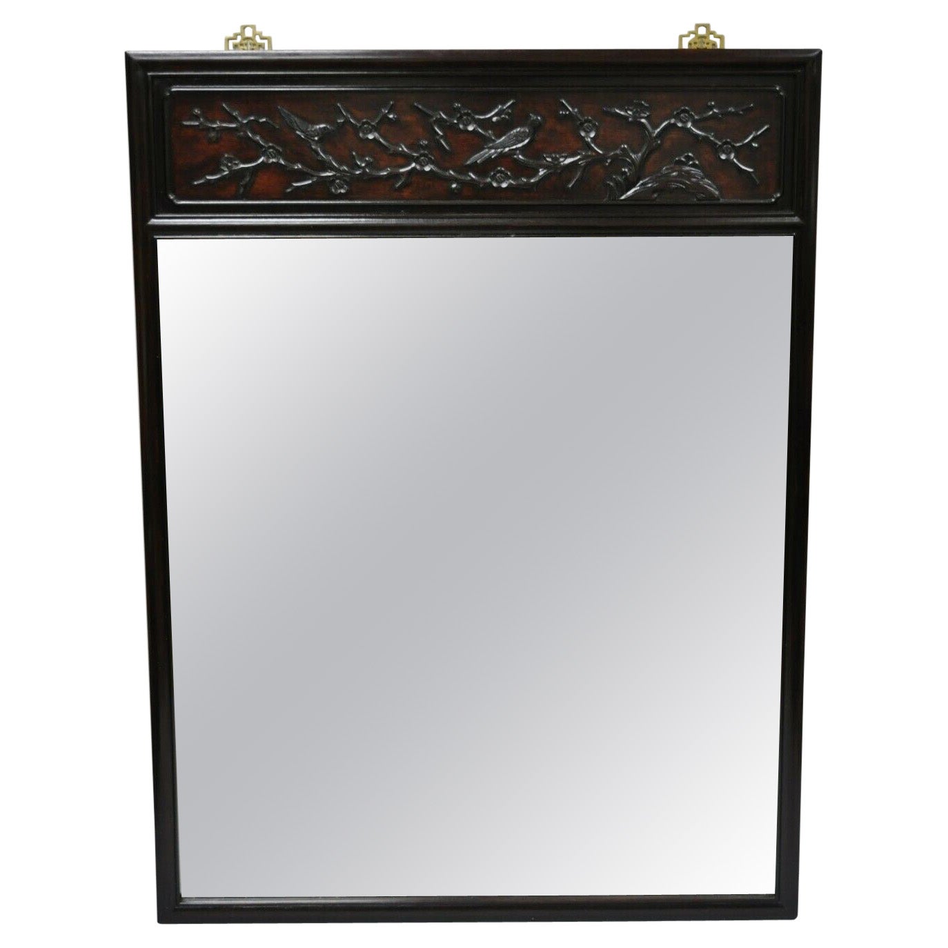 Vintage Chinese Bird Carved Hardwood Mahogany Rectangular Oriental Wall Mirror For Sale
