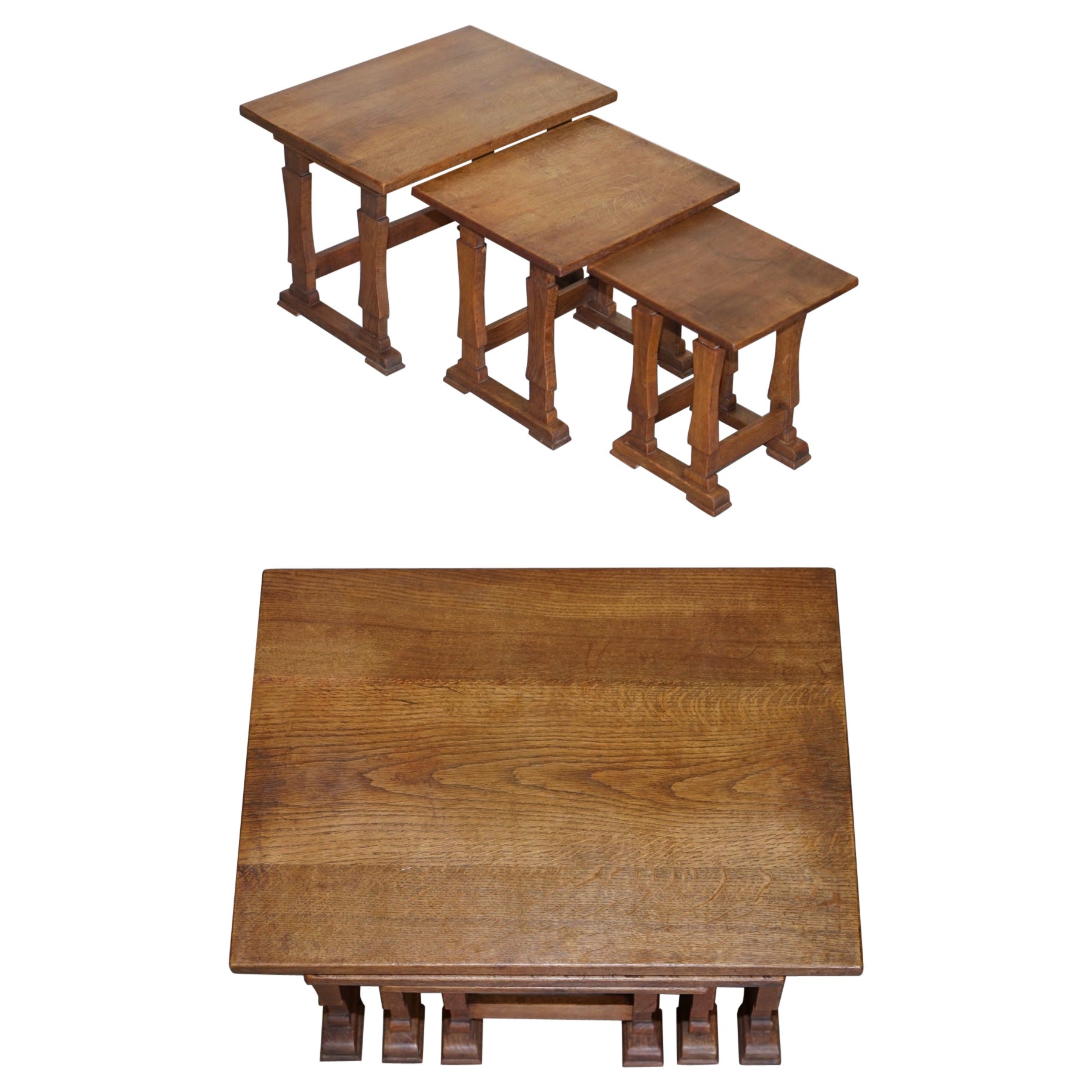 Solid English Oak Nest of Three Large Side End Lamp Wine Occasional Tables For Sale