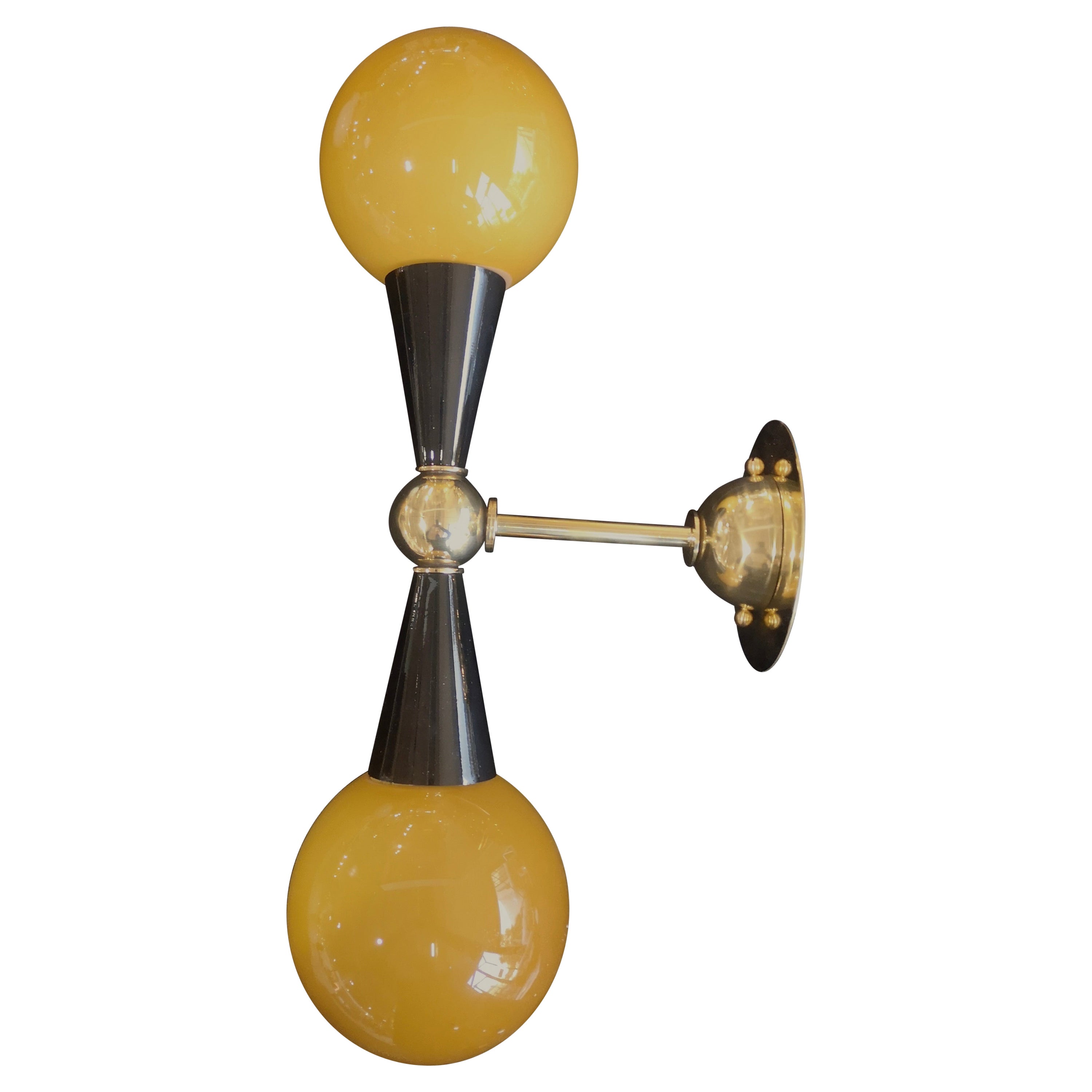 Murano Art Glass and Brass Golden Yellow and Black MidCentury Wall Light, 2020