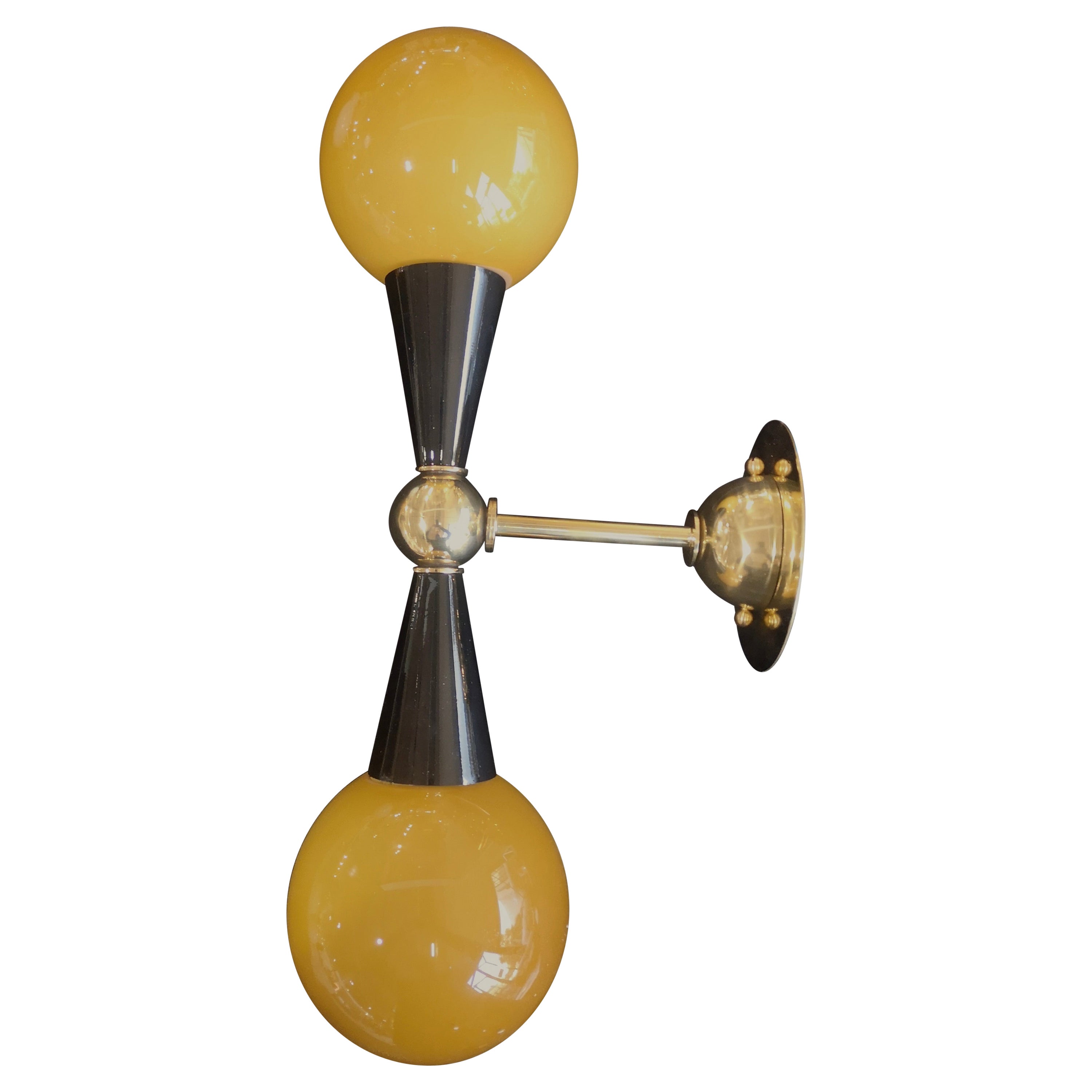 Murano Art Glass and Brass Golden Yellow and Black MidCentury Wall Light, 2000 For Sale