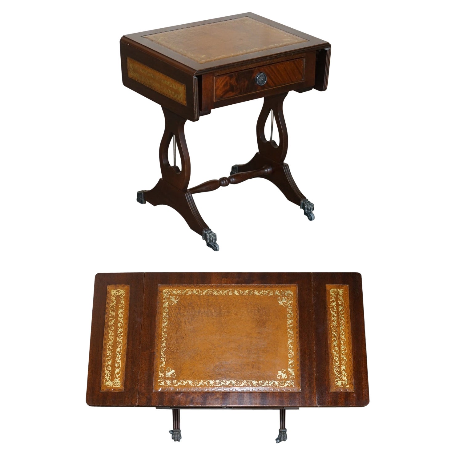 Table d'extrémité d'appoint vintage en cuir marron et feuille d'or avec plateau extensible Great Games Table