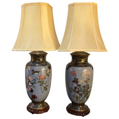 Large Pair of Meiji-Showa Period Japanese Cloisonné Lamps