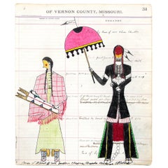 Untitled "Cheyenne Woman and Man with Baby in Cradle", Ledger Art Drawing