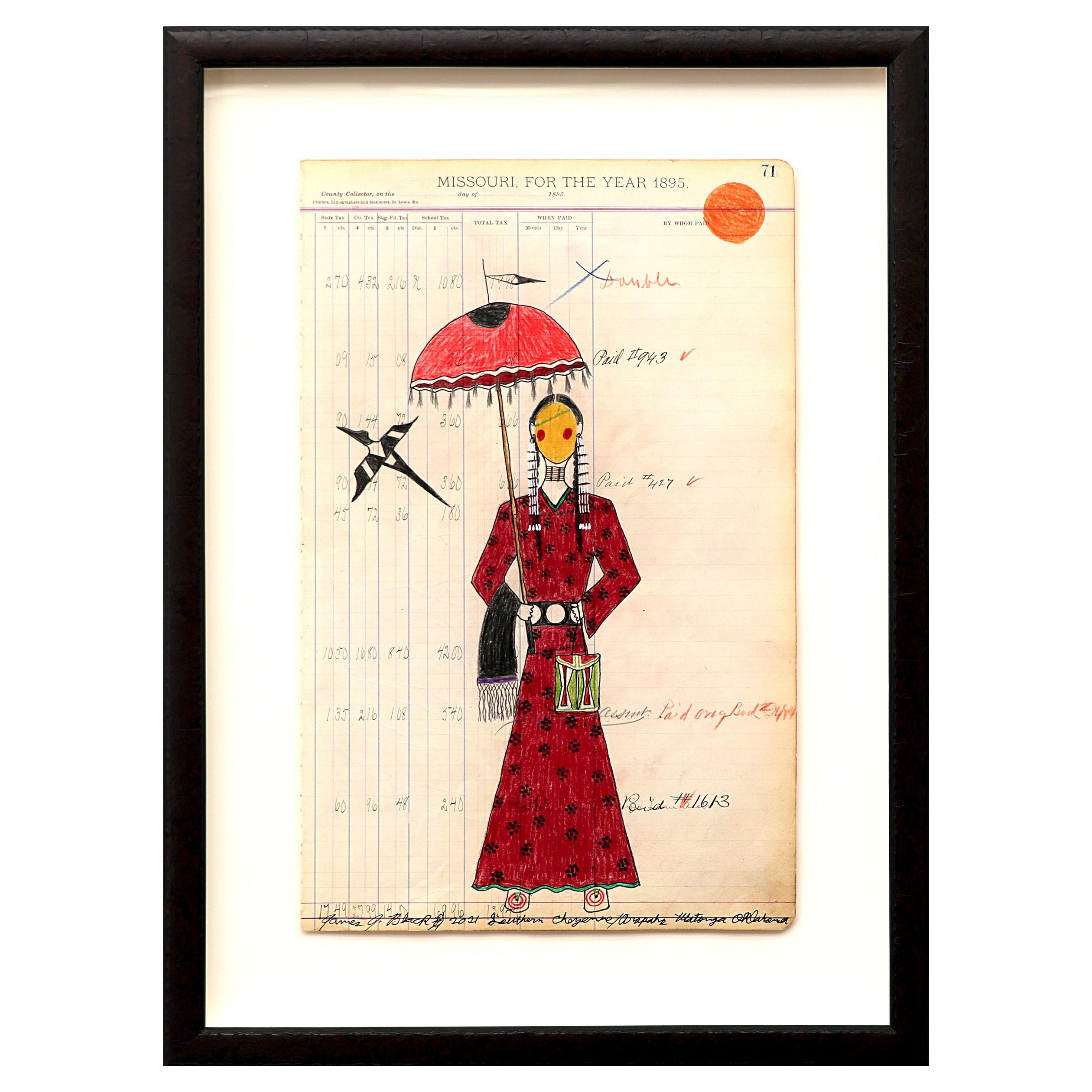 Untitled 'Cheyenne Woman with Parfleche and Umbrella', Ledger Art Drawing