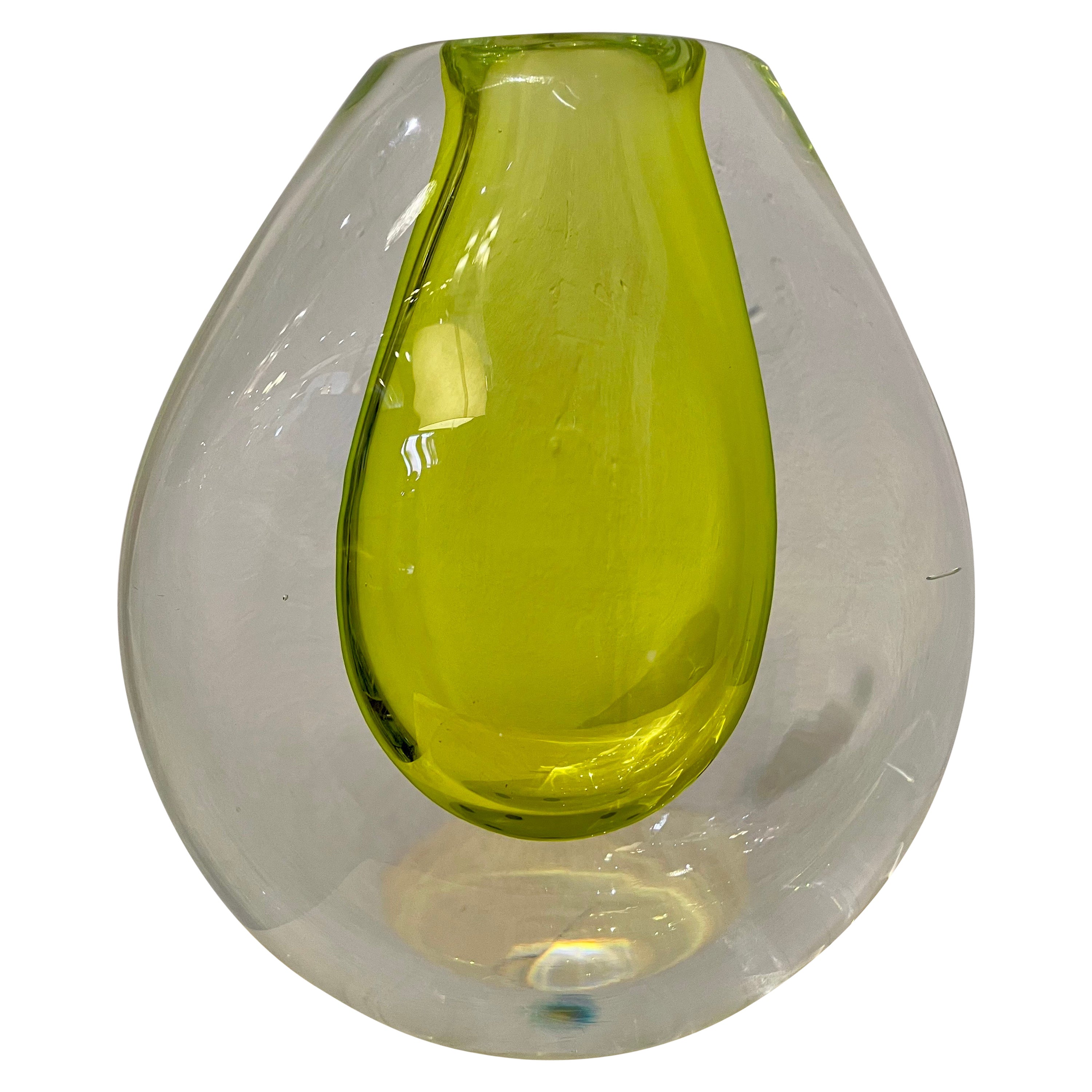 Grand vase Seguso Vetri d'Arte Citron et transparent de Murano par Flavio Poli en vente