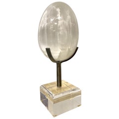 Selenite Crystal Quartz Egg Mounted on Steel & Lucite