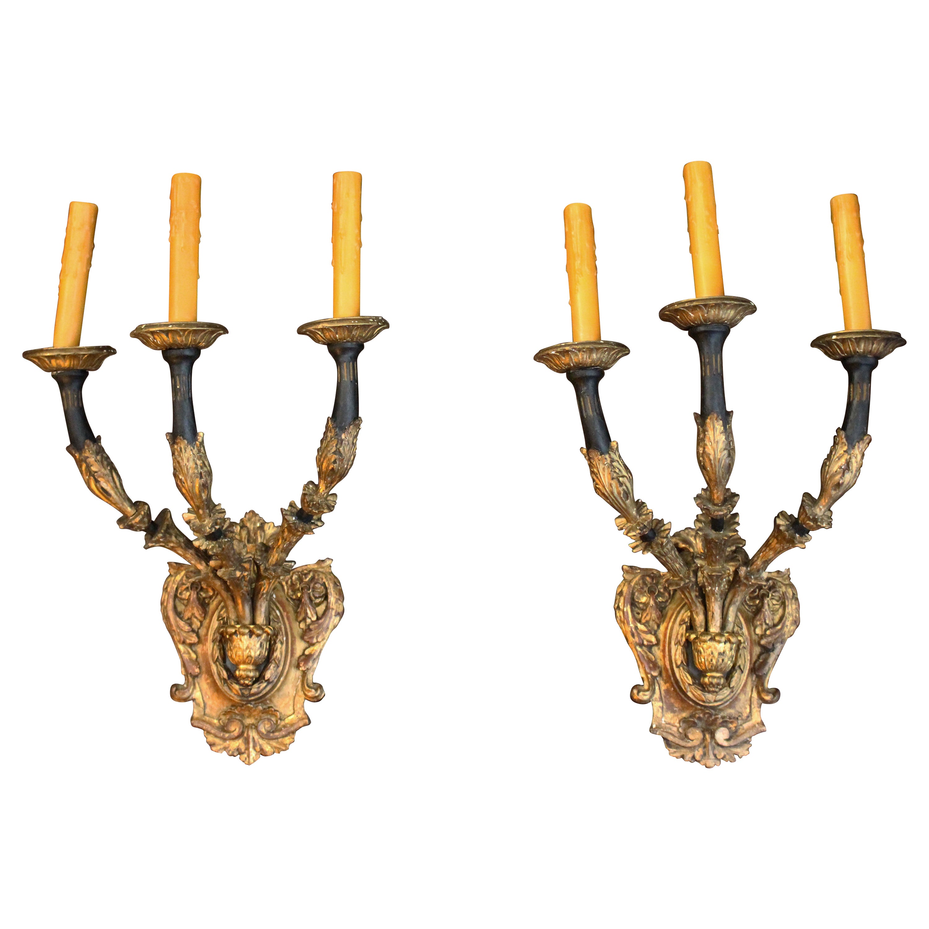 Early 20th Century Italian Gilt and Ebonized 3-Light Wall Sconces, Pair For Sale