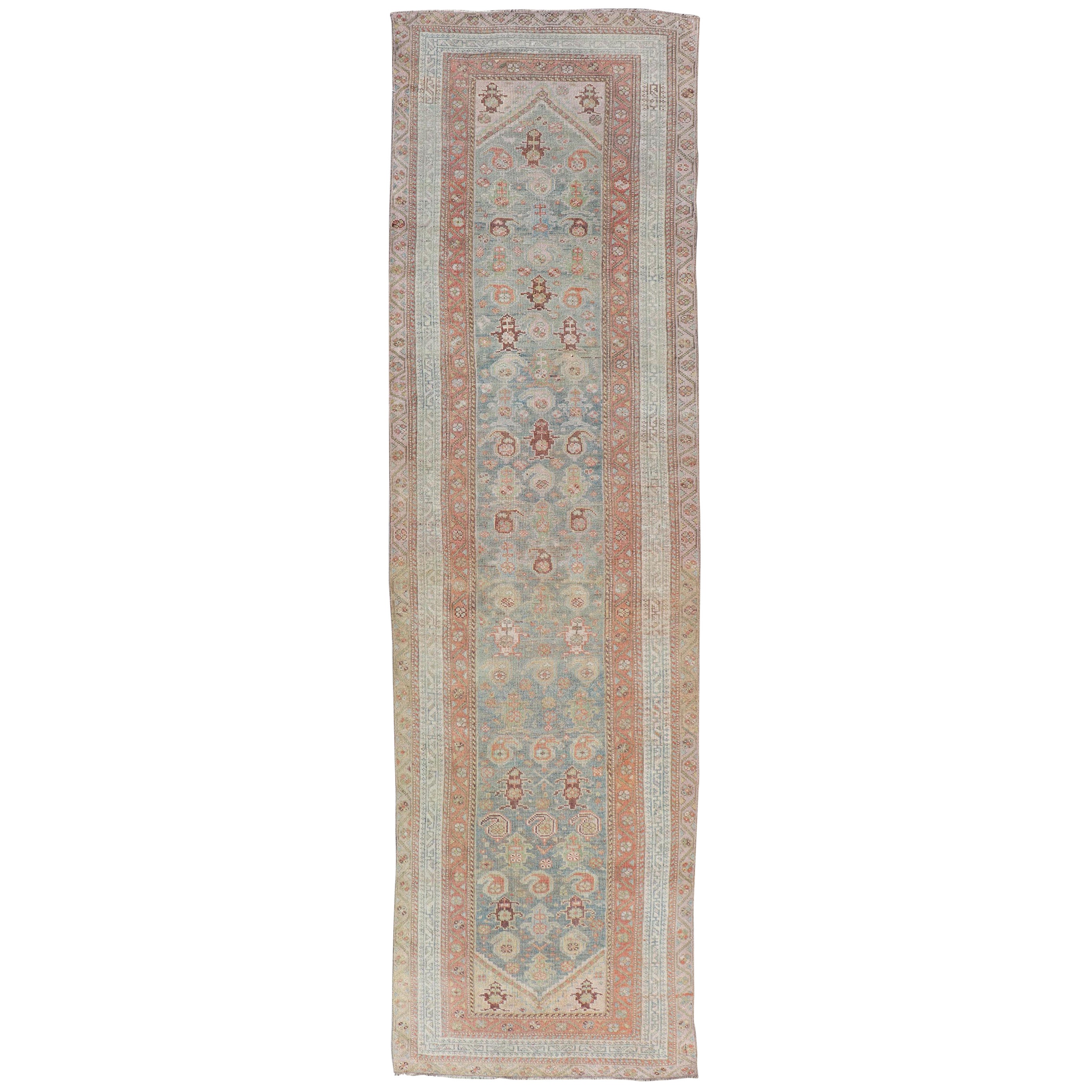 Antique Persian Malayer Runner in Wool with Sub-Geometric Design For Sale