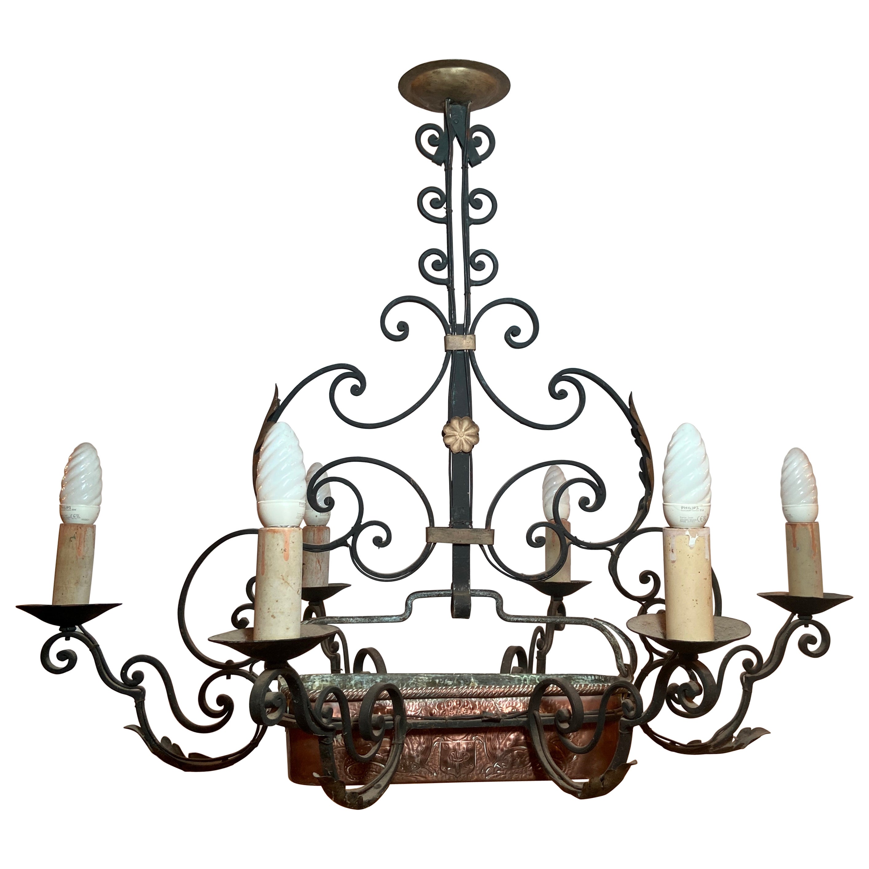 Antique French Provincial Iron Chandelier with Copper Poacher For Sale