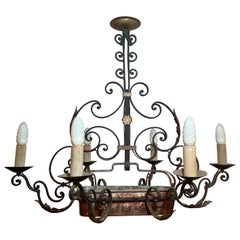 Antique French Provincial Iron Chandelier with Copper Poacher