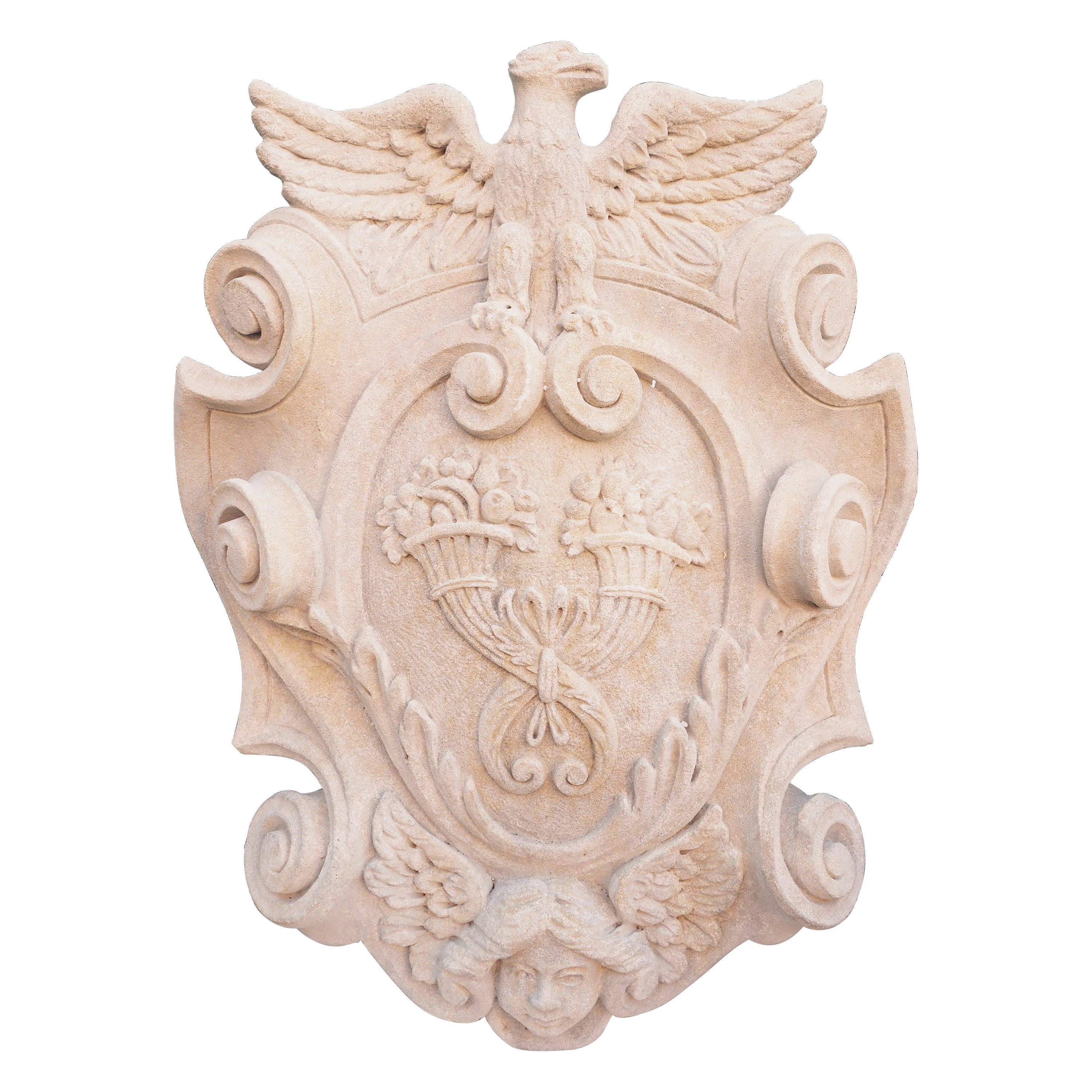 Geschnitzte italienische Stemma-Plakette mit Nussbaum, Adler und geflügeltem Engel im Angebot