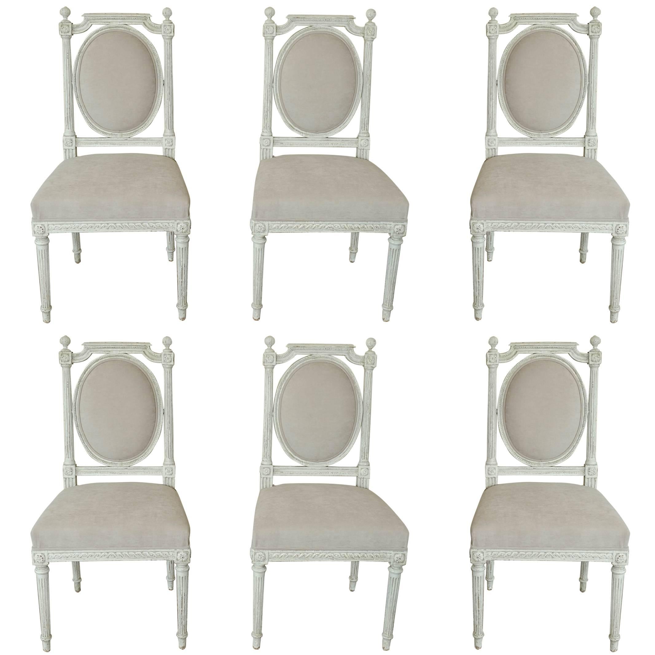 Set of Six White Painted Louis XVI/Seize Dining Chairs, 19th Century