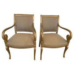 Regal Pair of Regency Style Giltwood and Upholstered Armchairs