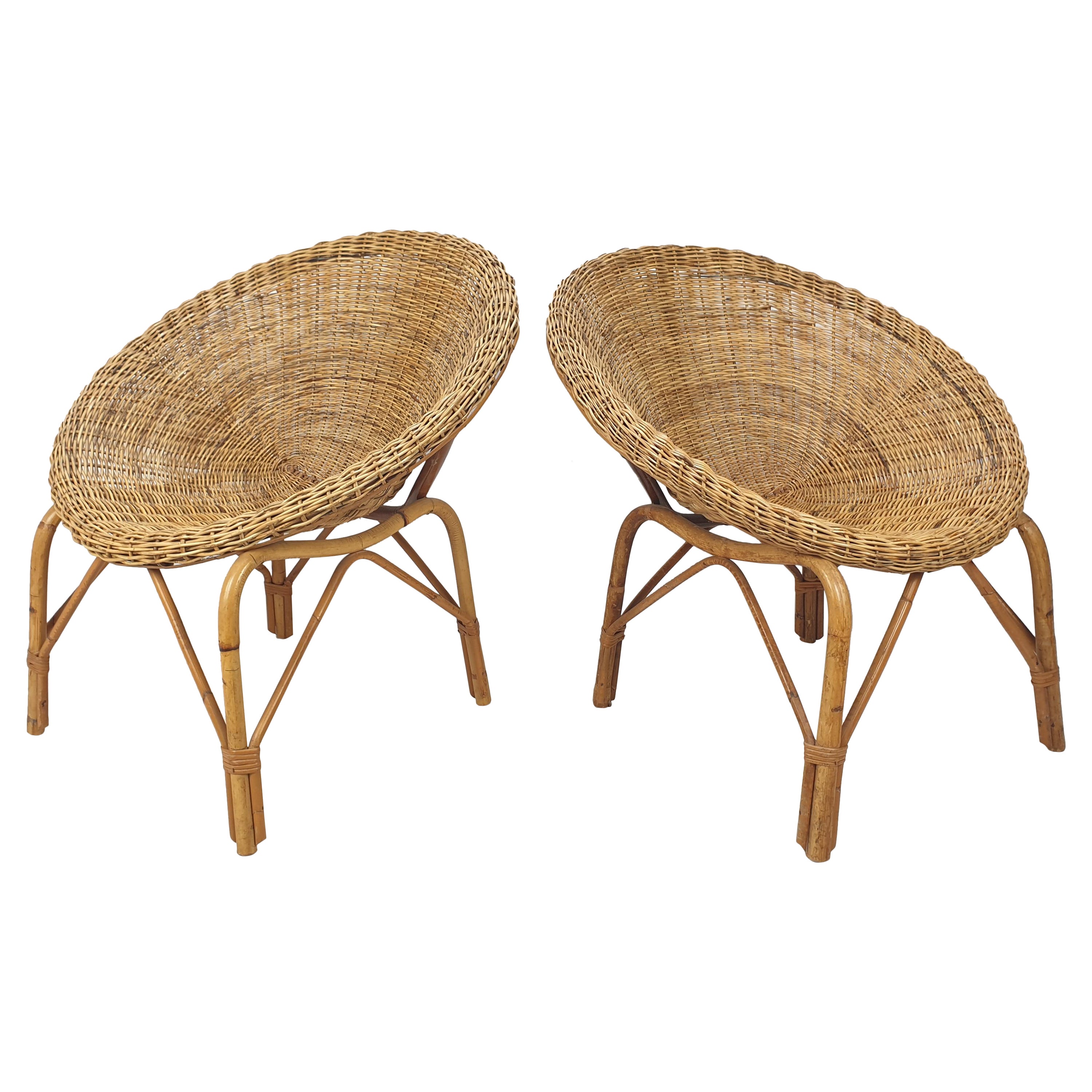 Pair of Italian Mid Century Rattan and Wicker Lounge Chairs, 1960's