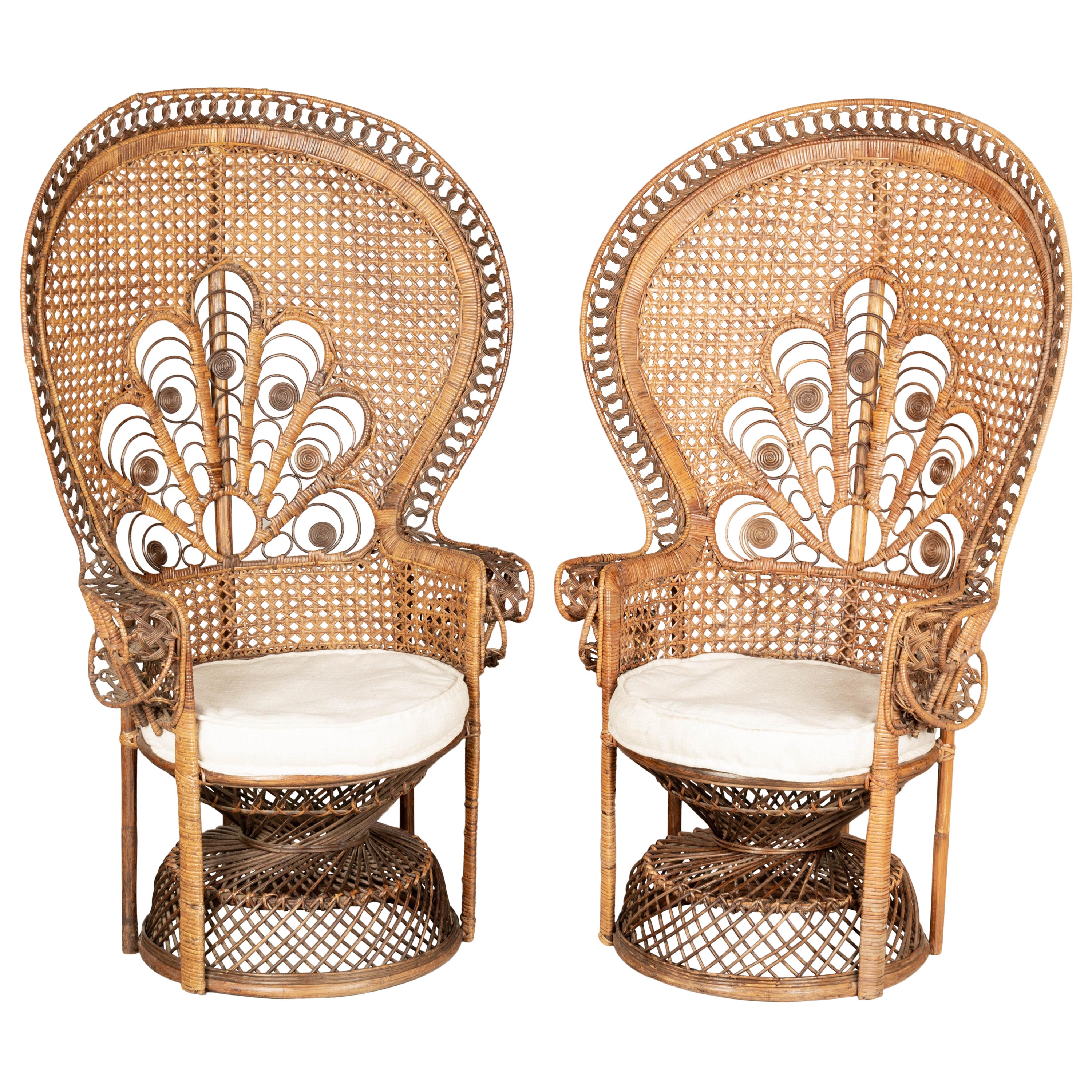 Vintage French Emmanuelle Rattan Peacock Fan Chairs, a Pair
