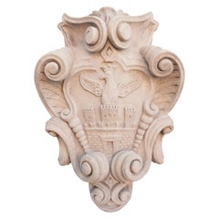 Shaped Limestone Cartouche Plaque from Italy with Bas Relief Carvings