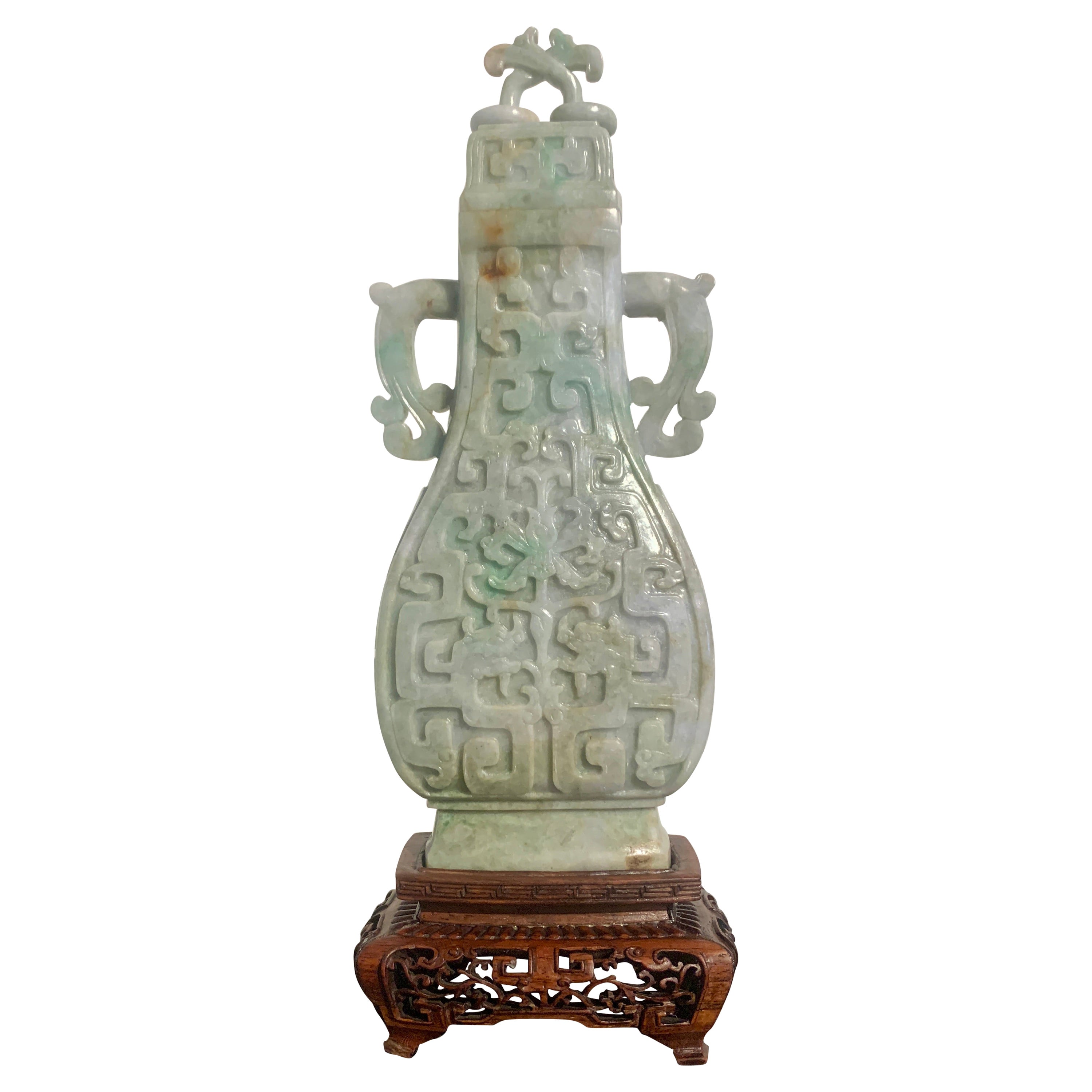 Chinese Archaistic Carved Jadeite Vase, Republic Period, China
