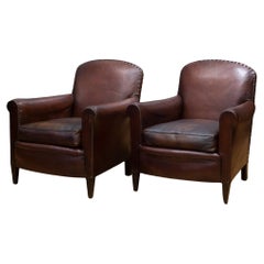 Pair of Antique French Sheep Hide Club Chairs, c.1920-1930