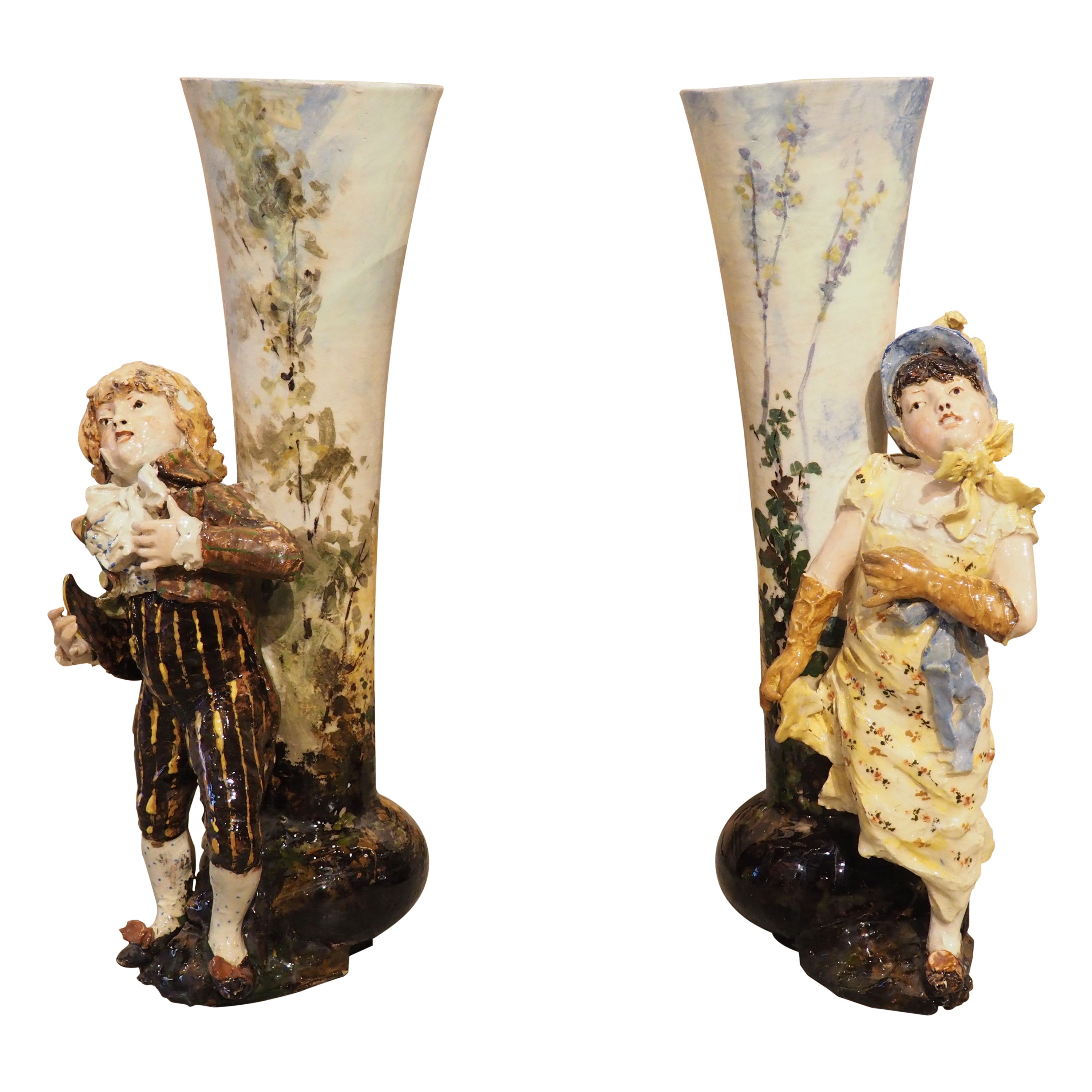 Pair of Circa 1890 Painted French Barbotine Figural Vases For Sale