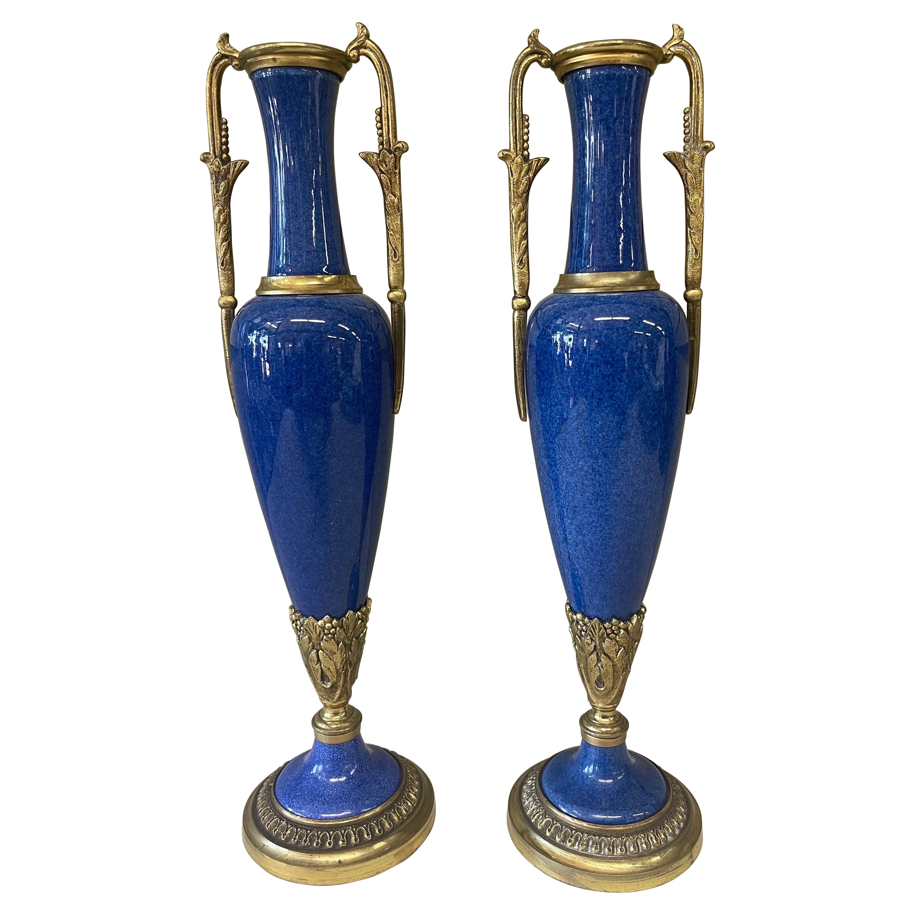 Pair of Antique Lapis Blue Porcelain Garnitures by Sevres of France For Sale