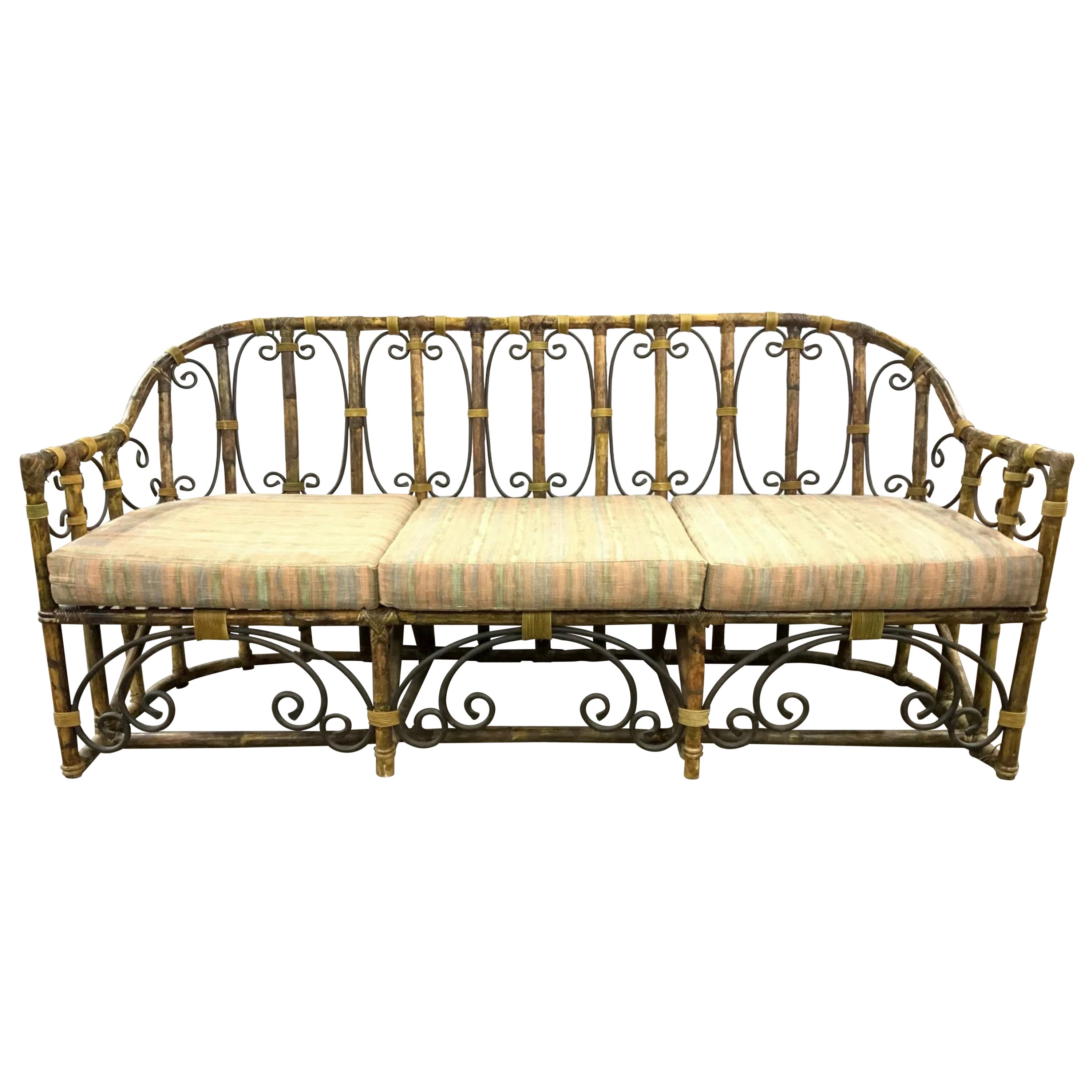 Chinese Chippendale Faux Bamboo Rattan Sofa Couch Chinoiserie Cushions