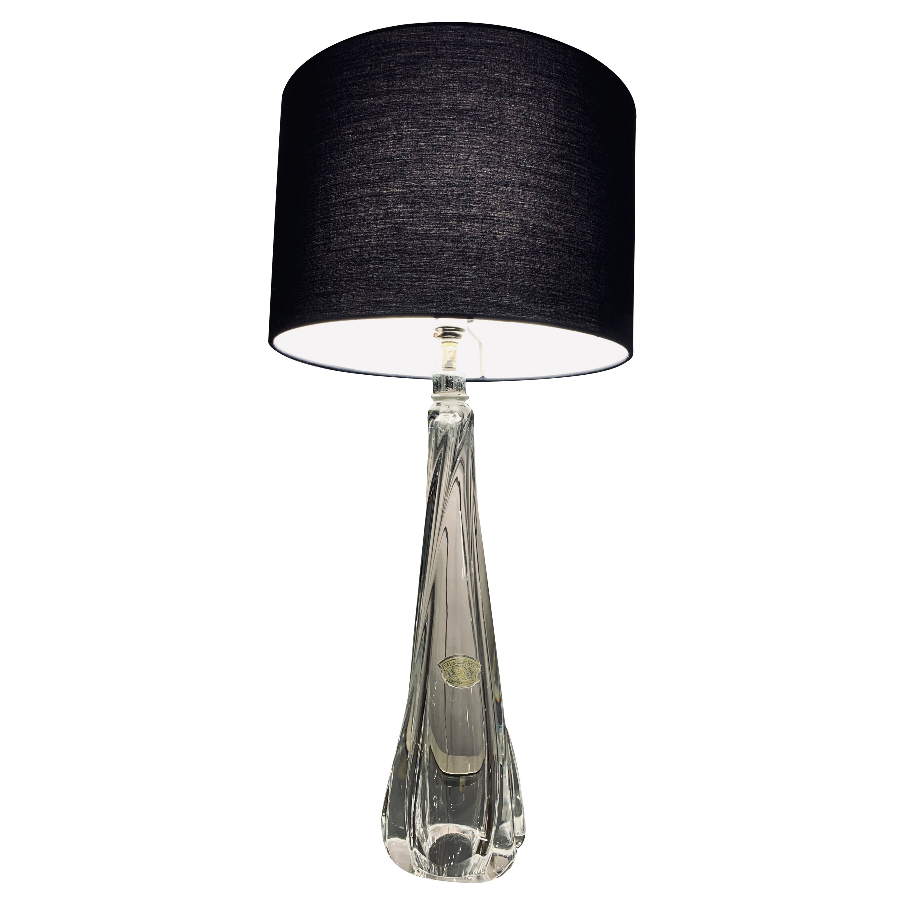 Lampe de table des années 1950 Val Saint Lambert en verre de cristal clair et chrome, avec label en feuille d'aluminium