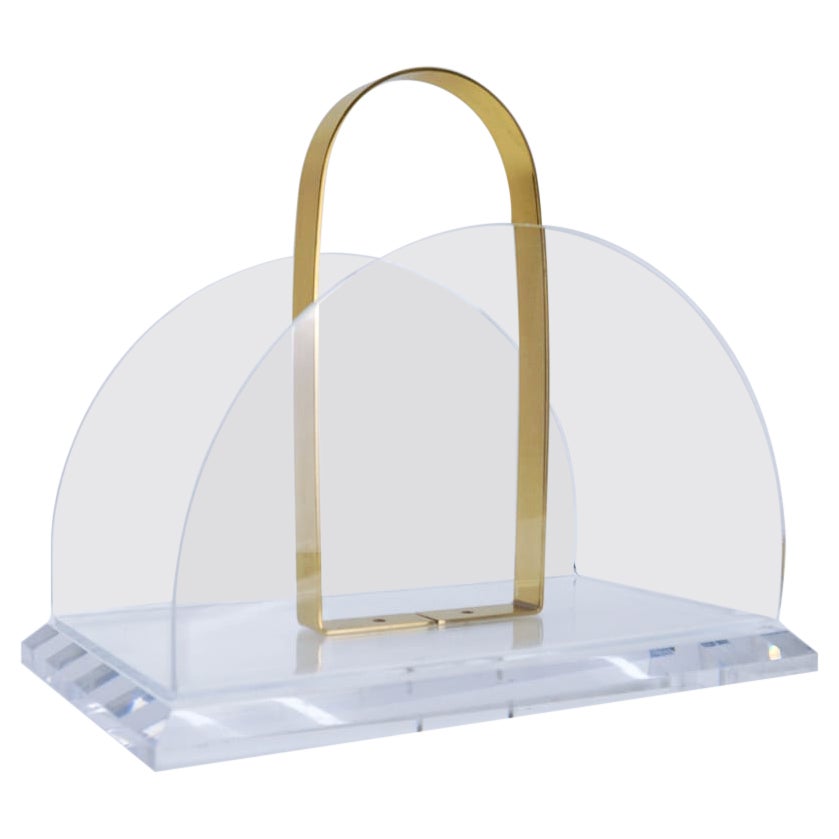 Elegant Magazine Rack in Acrylic & Brass, 1970s Italy For Sale