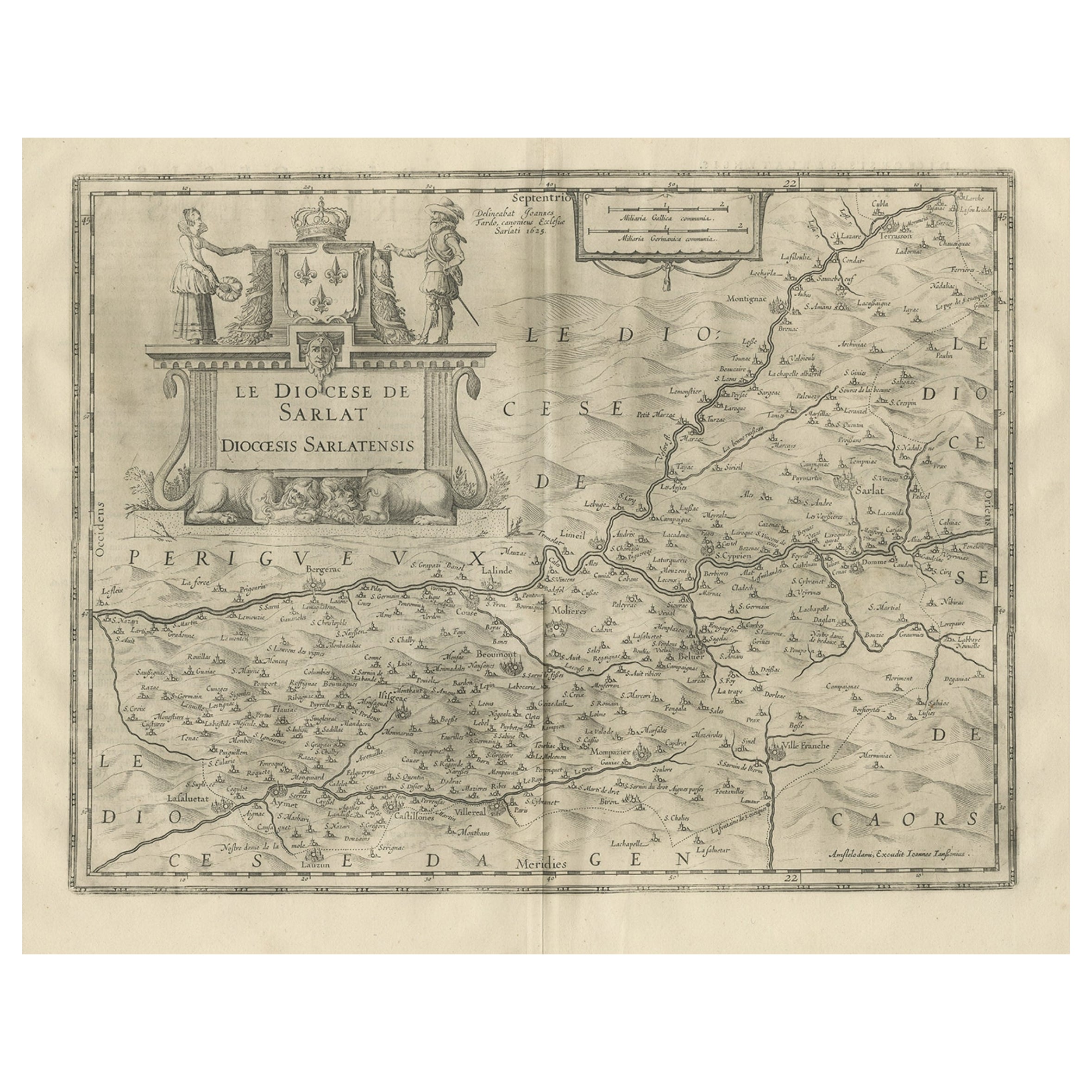 Antique Map of the Region of Sarlat in France by Janssonius, 1657 For Sale