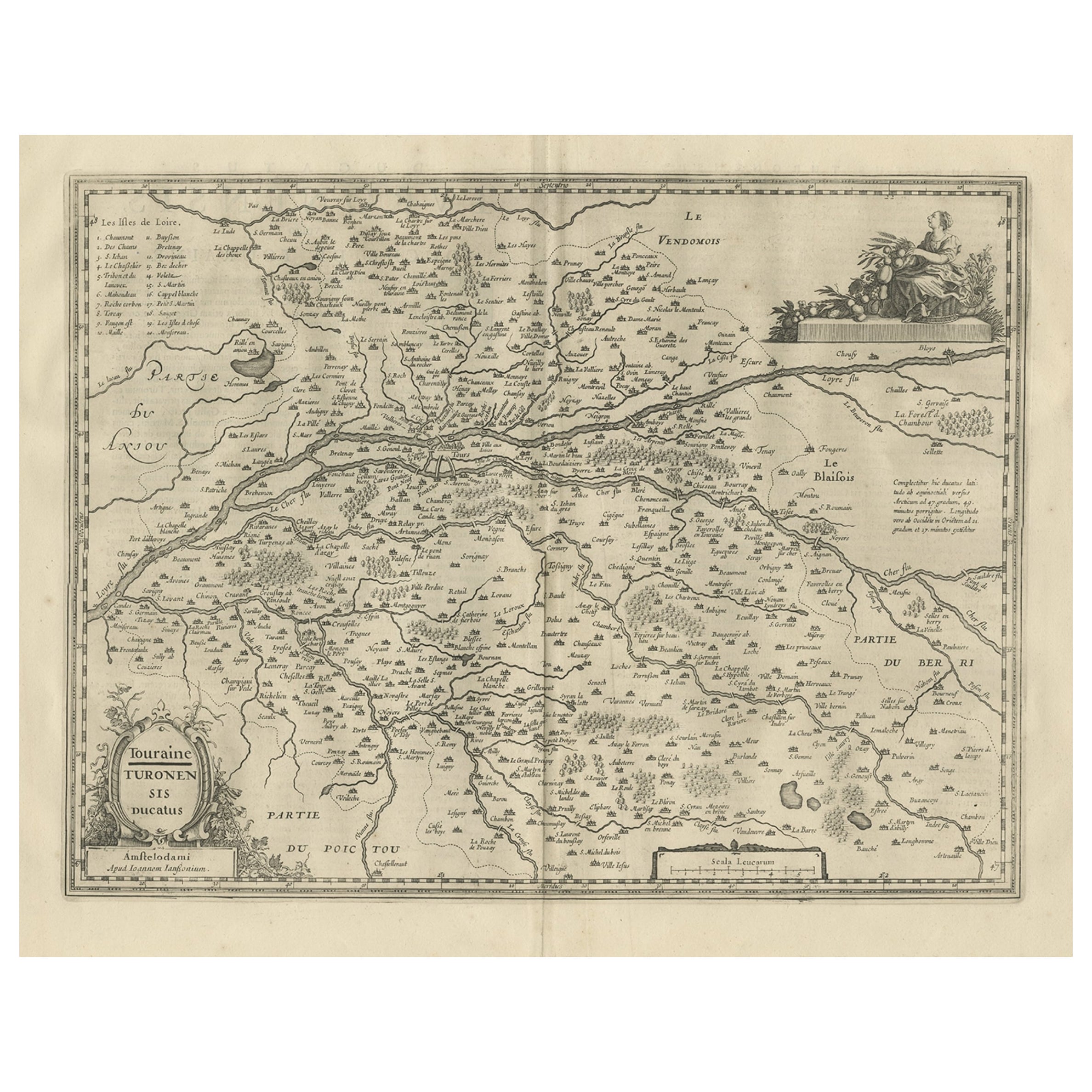Antique Map of the Region of Touraine, France by Janssonius, 1657 For Sale