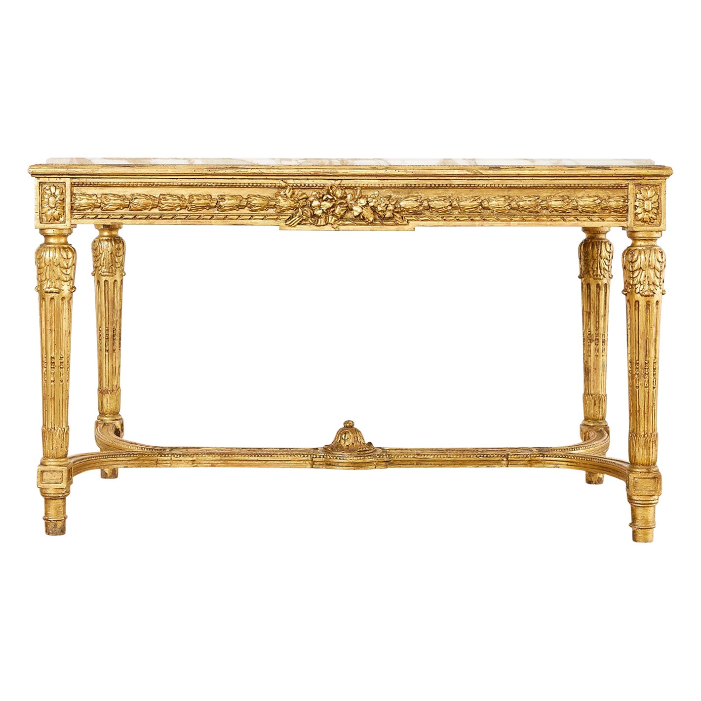 19th Century Louis XVI Style Giltwood Marble Top Library Table