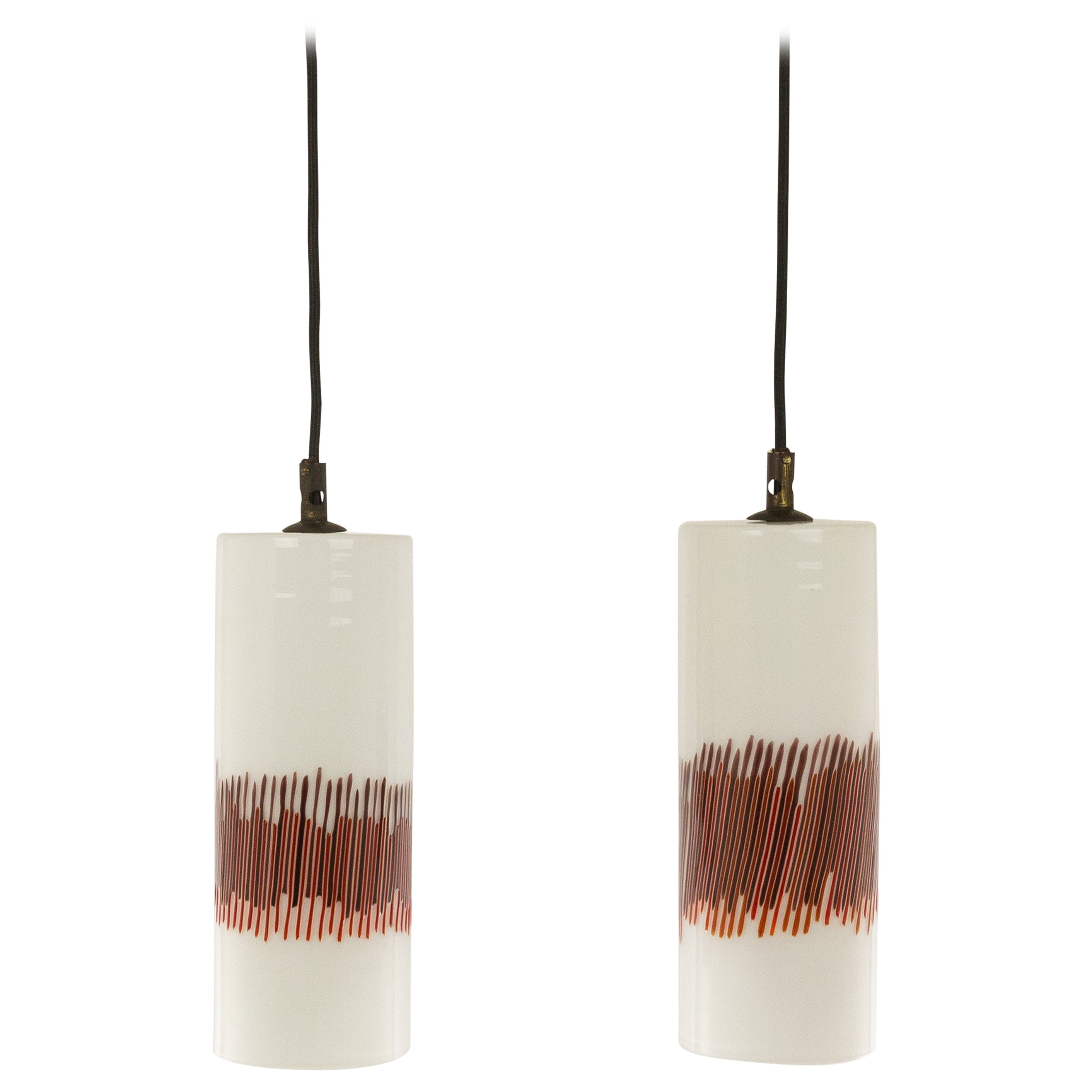 Pair of Red Striped Glass Pendants by Massimo Vignelli for Venini, 1950s