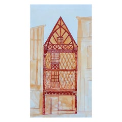 Peinture moderniste/ cubiste française des années 1950, immeuble haut orange et rouge