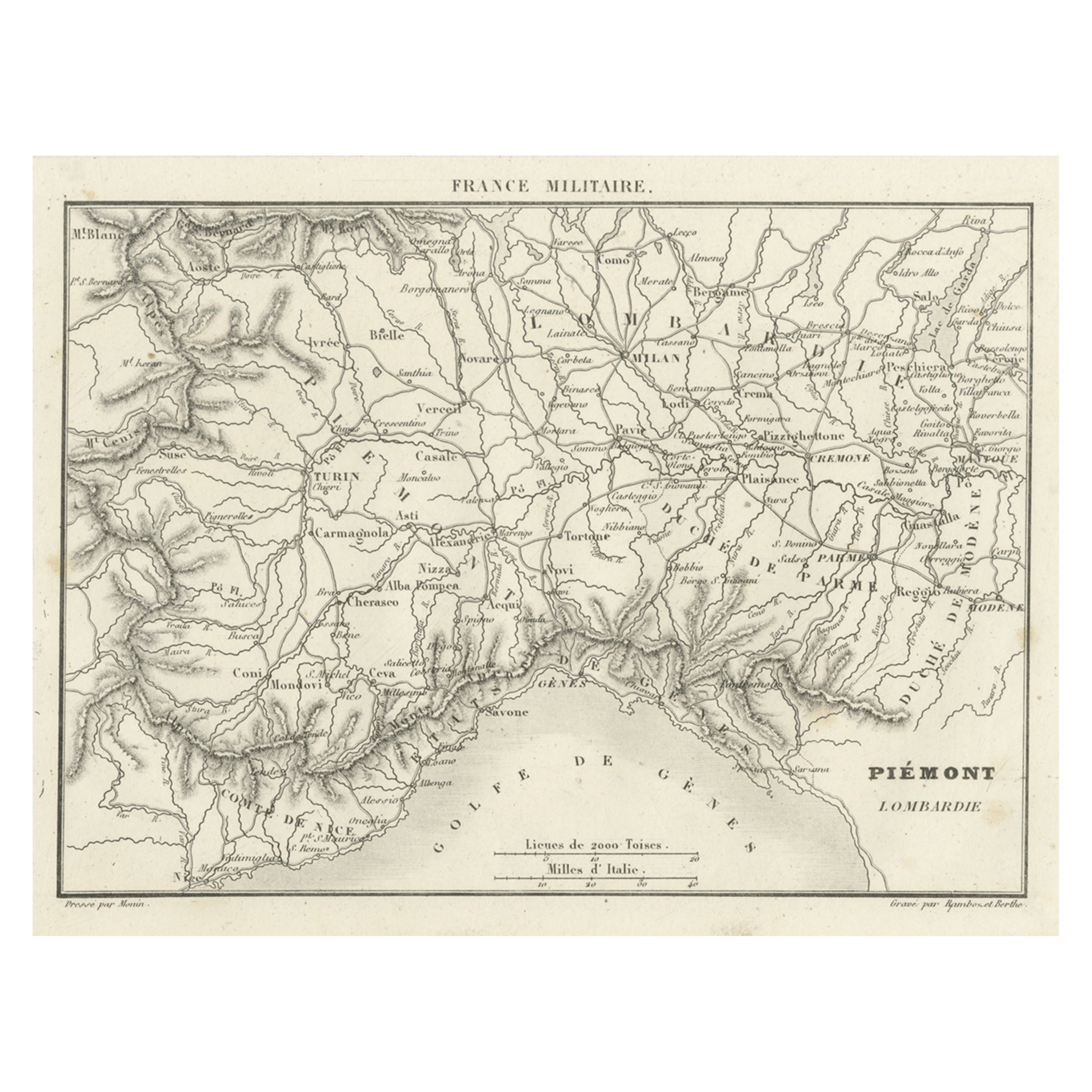 Antique Map of the Region of Piedmont by Berthe & Ramboz, 'C.1835' For Sale