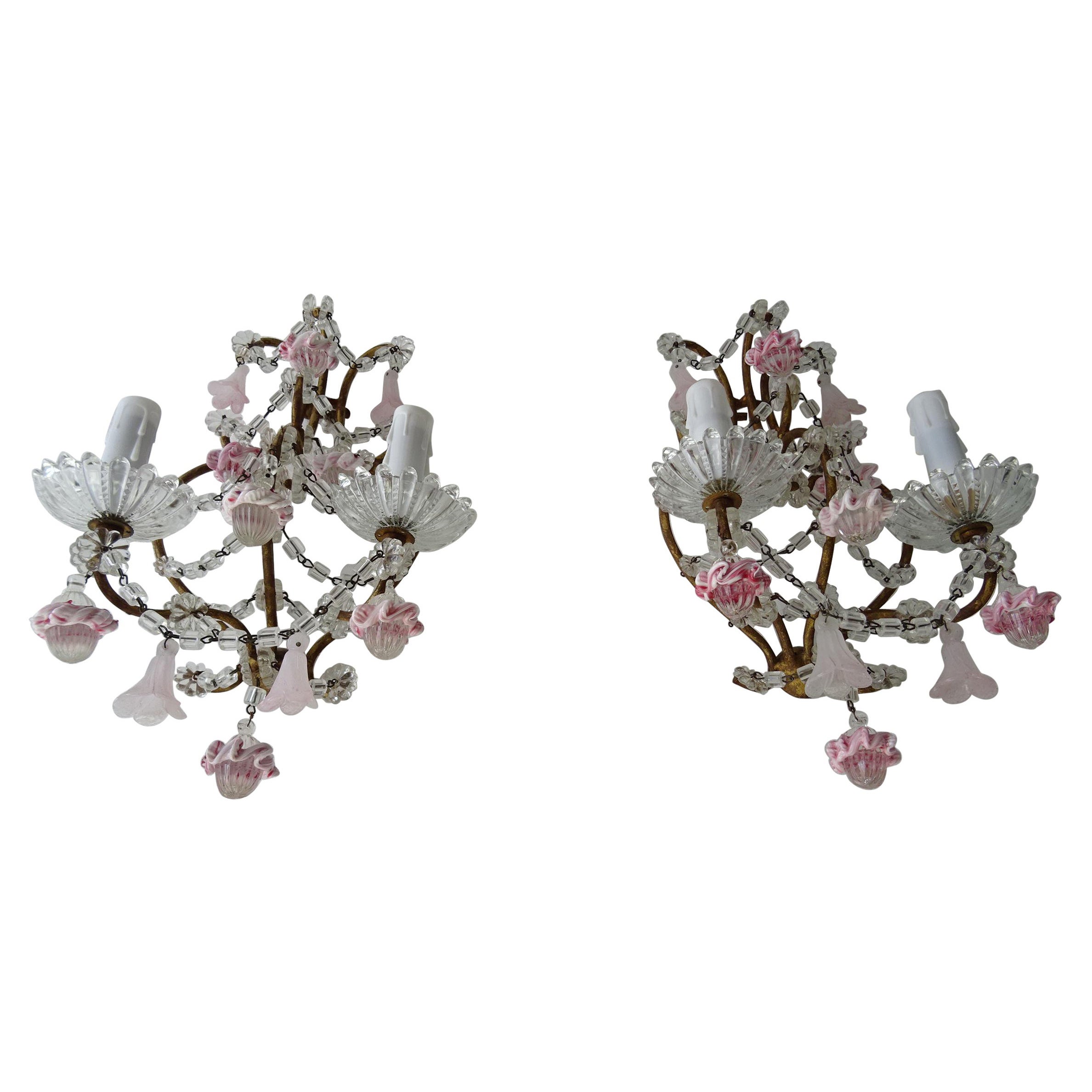 French Pink Ribbon Murano Opaline Drops & Bells Crystal Swags Sconces c 1920 For Sale