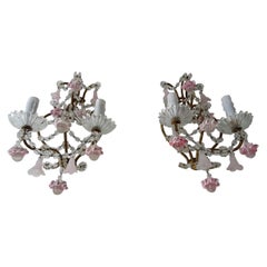 Antique French Pink Ribbon Murano Opaline Drops & Bells Crystal Swags Sconces c 1920