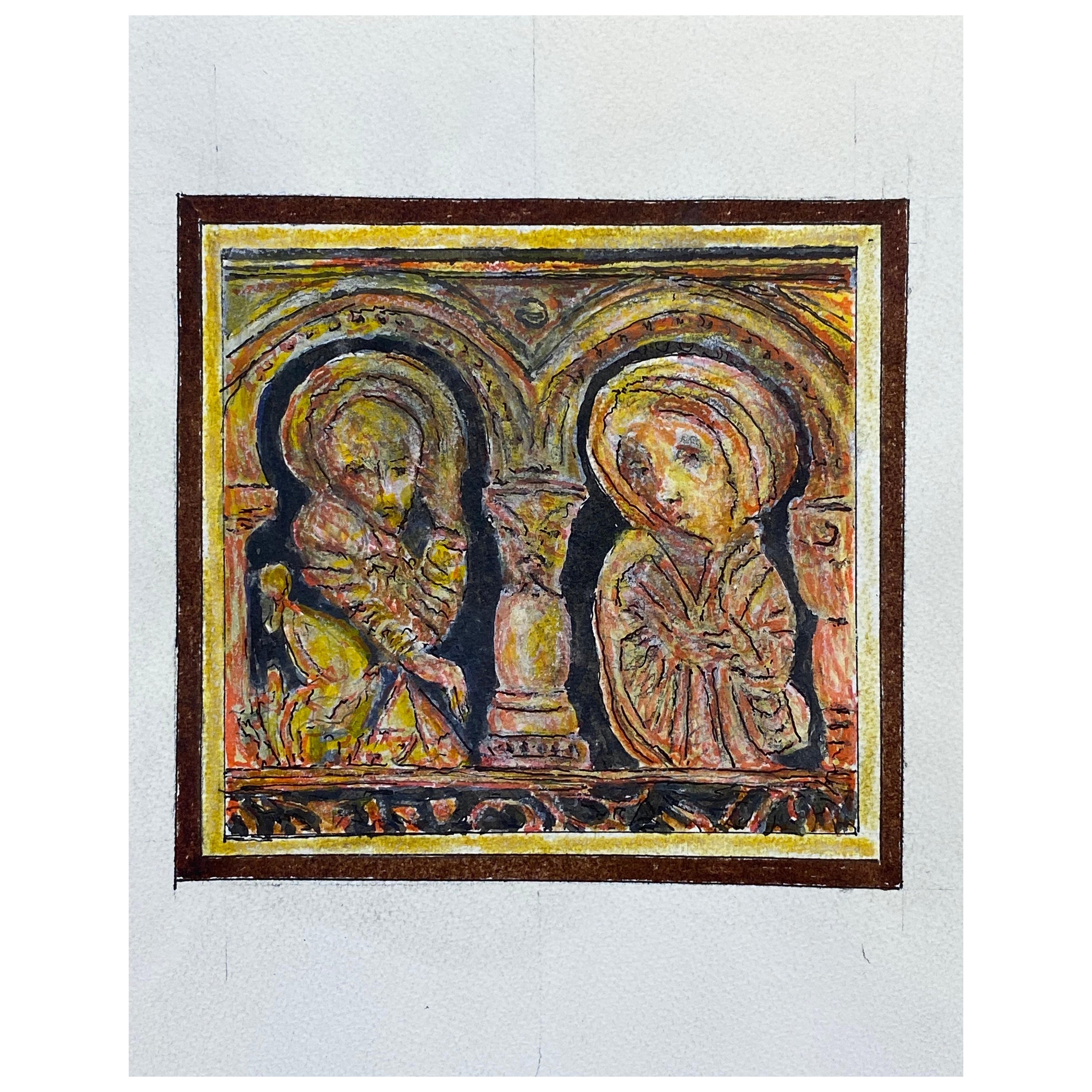 Pittura francese modernista/cubista degli anni '50, due figure in un paesaggio storico