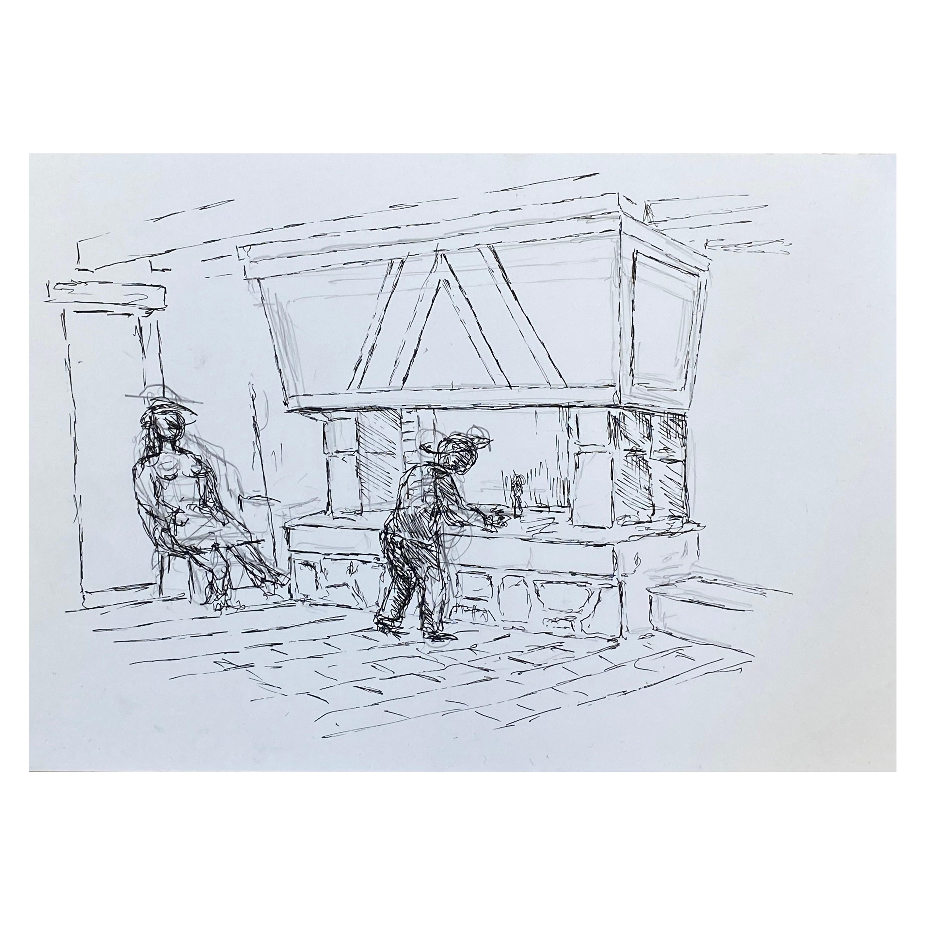 Drawing moderniste/ cubiste français des années 1950, « Two Figures by the Fire Place » en vente