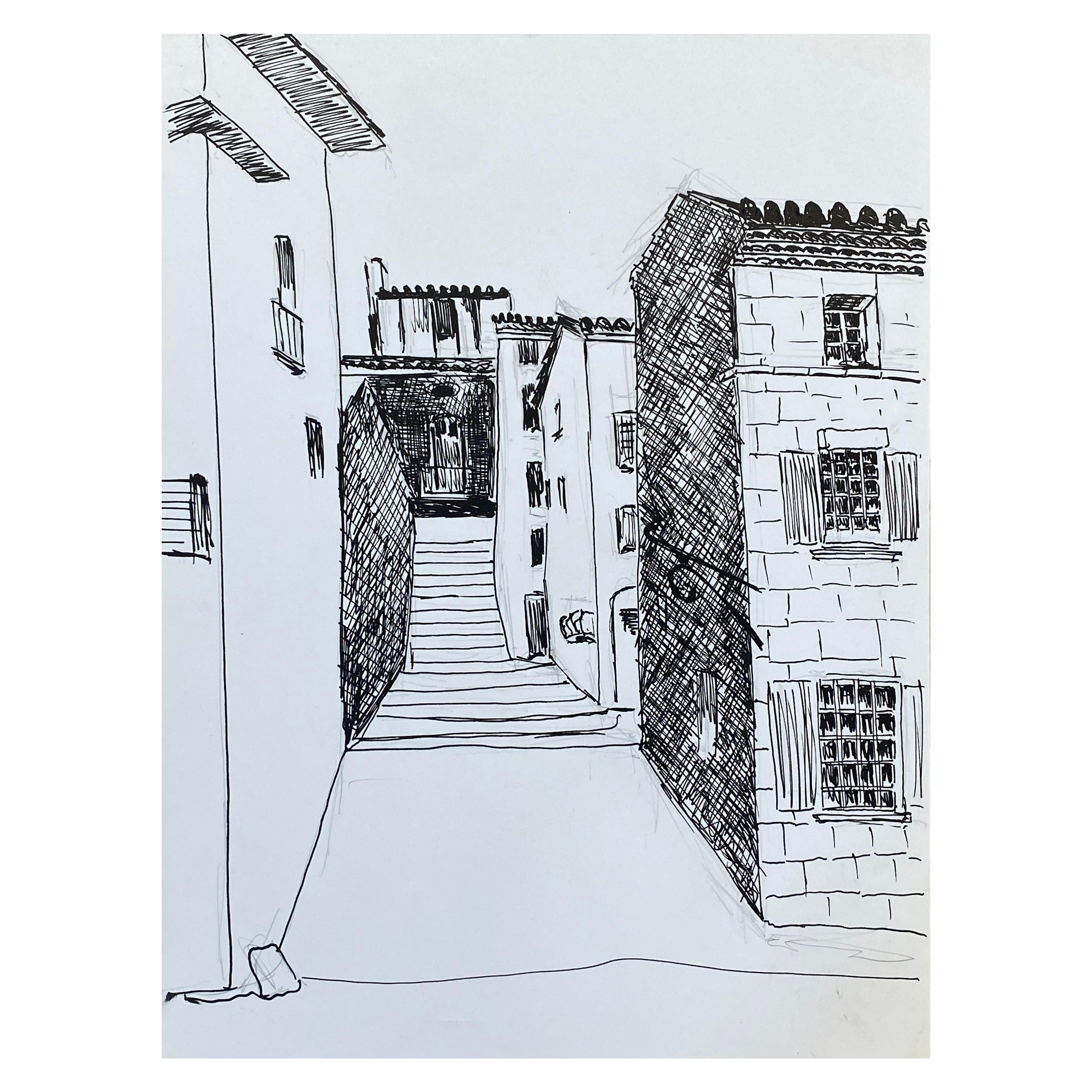 1950's French Modernist/ Cubist Drawing, Black & White Steps to the French Town For Sale