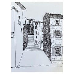 1950's French Modernist/ Cubist Drawing, Black & White Steps to the French Town
