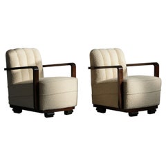 Pair of Swedish Curved Art Deco Lounge Chairs in White Bouclé, 1940s