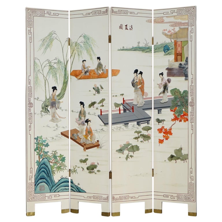 Rare & Collectable Vintage Chinese Export Hardstone Folding Screen Room Divider For Sale