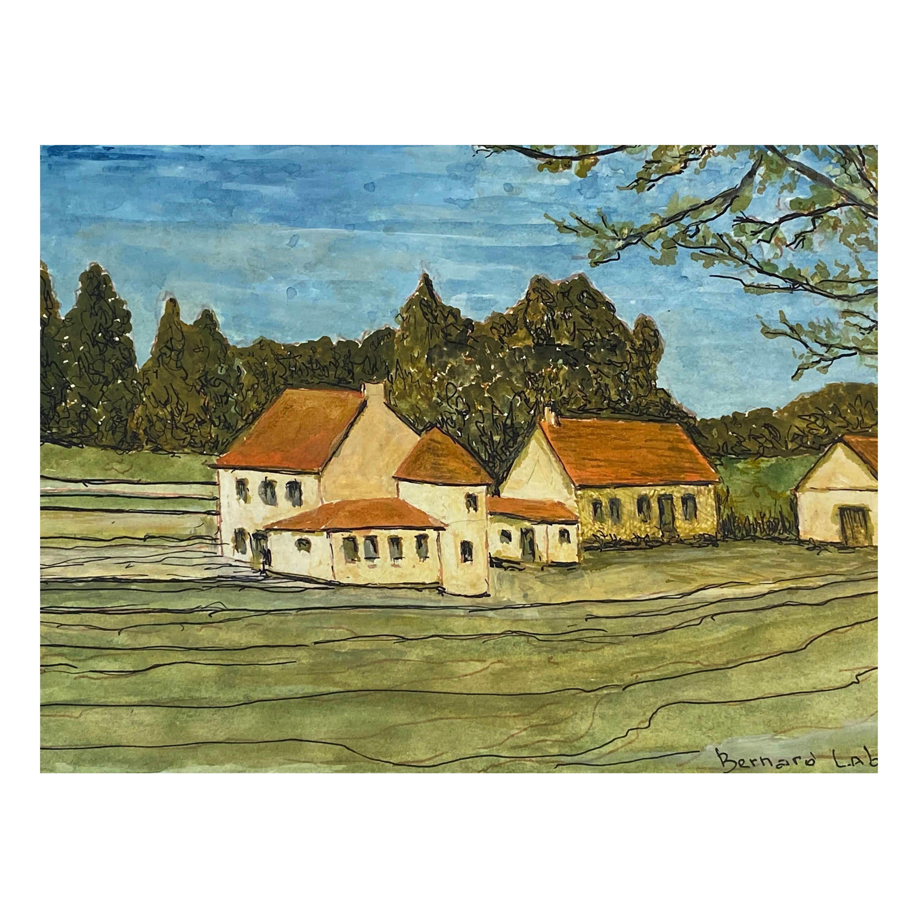Peinture signée moderniste/ cubiste française des années 1950 - Paysage de maisons français