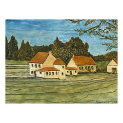 Quadro firmato Modernista/Cubista francese degli anni '50 - Paesaggio francese di case